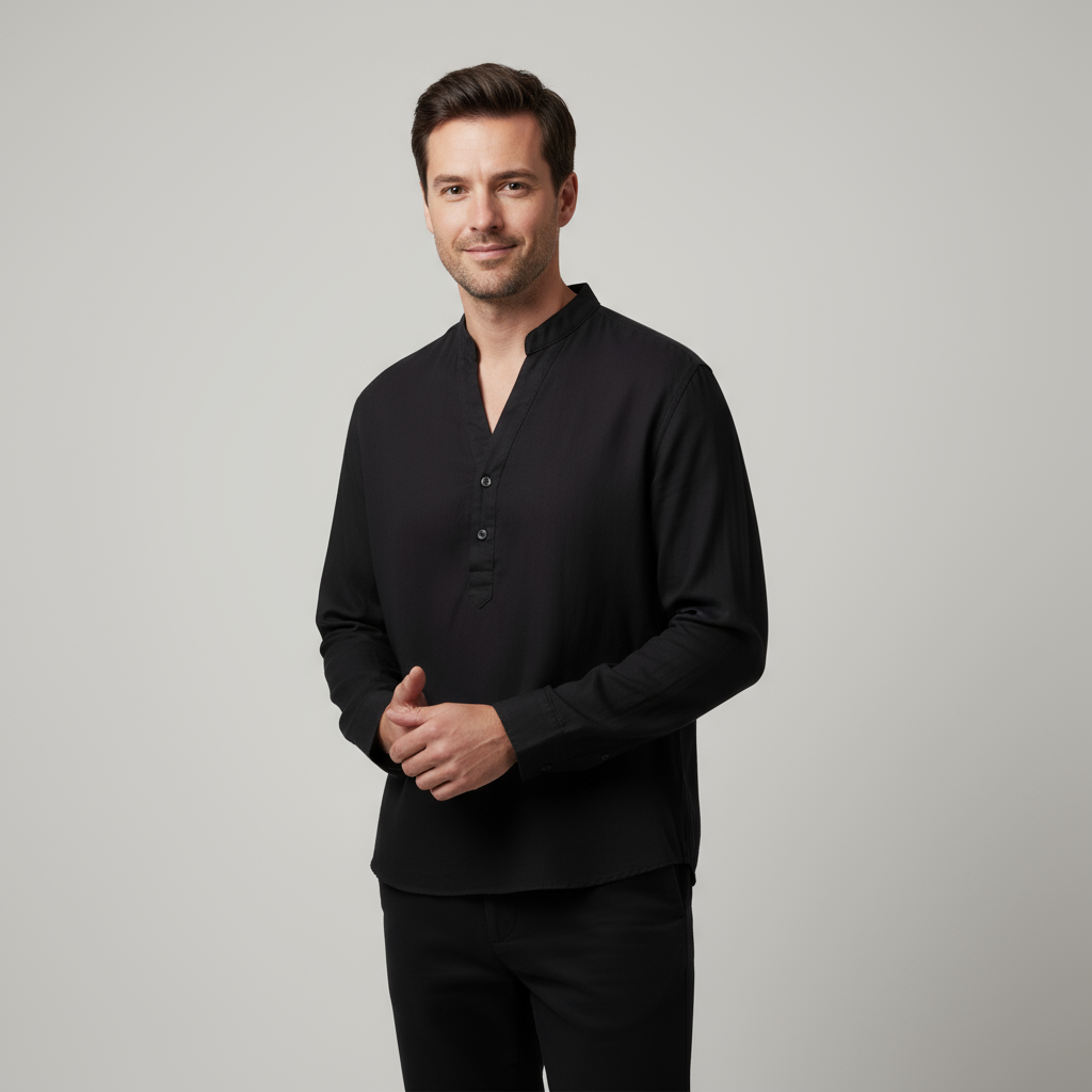 Chemise en lin pour homme - style grand-père, manches longues légères