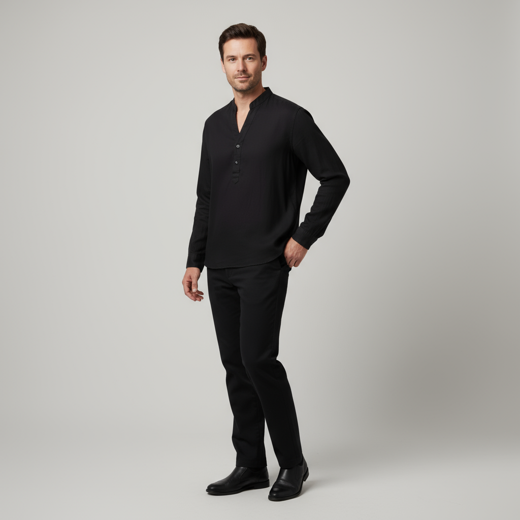 Chemise en lin pour homme - style grand-père, manches longues légères