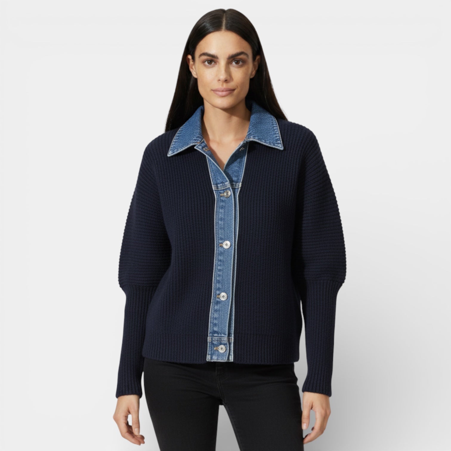 Cardigan en maille pour femme avec col en denim – Boutonné sur le devant