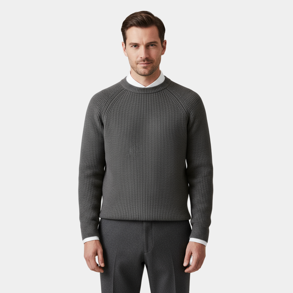 Pull homme en mérinos à col rond – manches raglan, maille côtelée