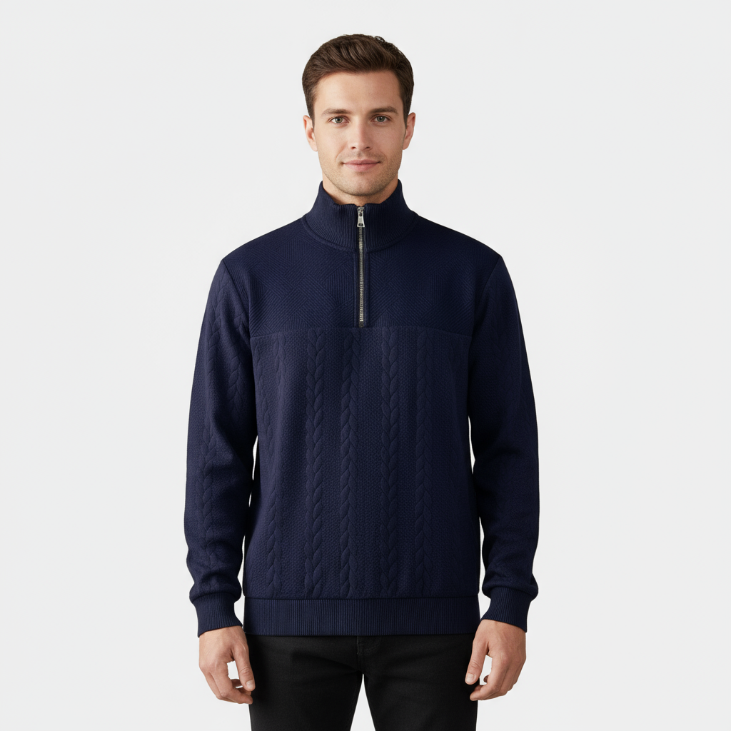 Pull homme en laine mérinos à maille torsadée et zip demi-longueur