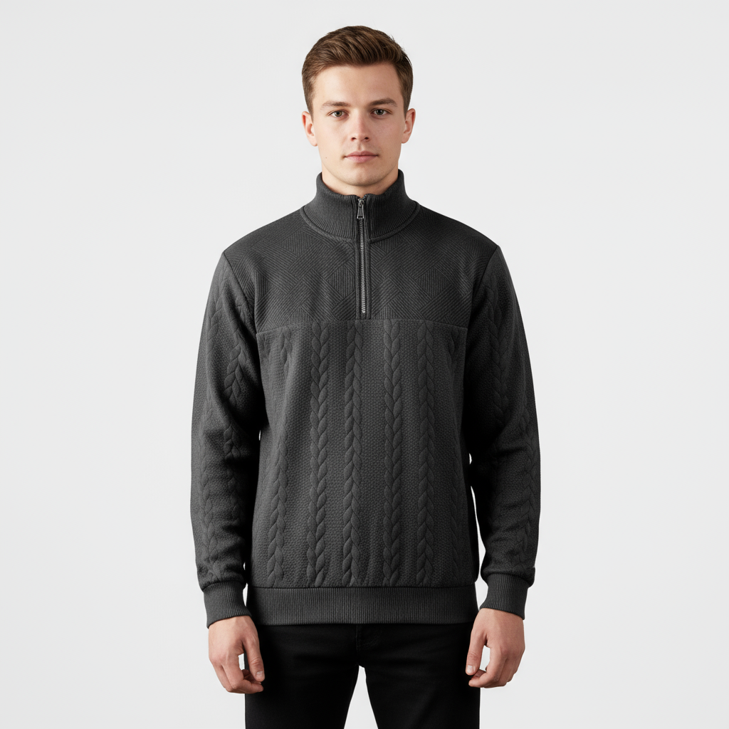 Pull homme en laine mérinos à maille torsadée et zip demi-longueur