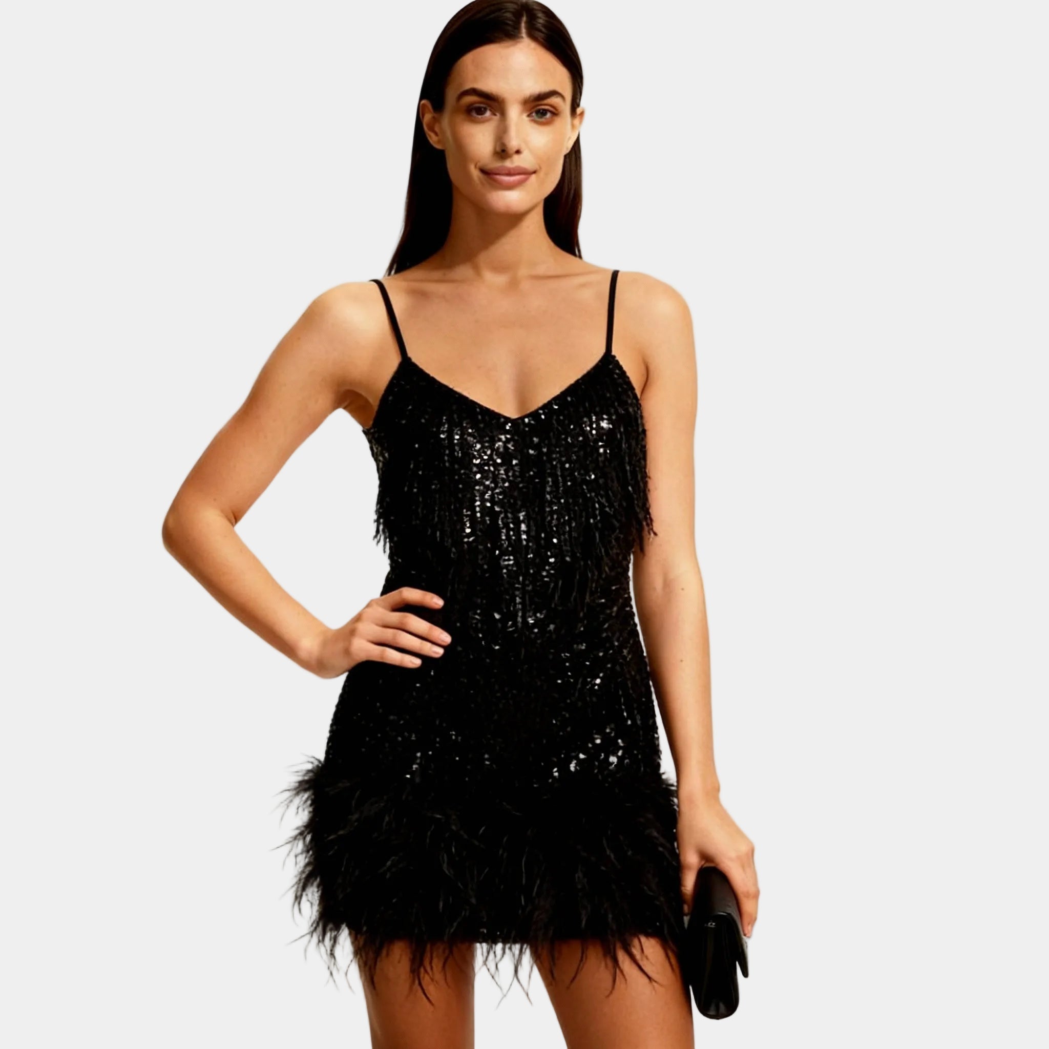 Robe mini élégante pour femme à bretelles spaghetti ornée de paillettes et plumes
