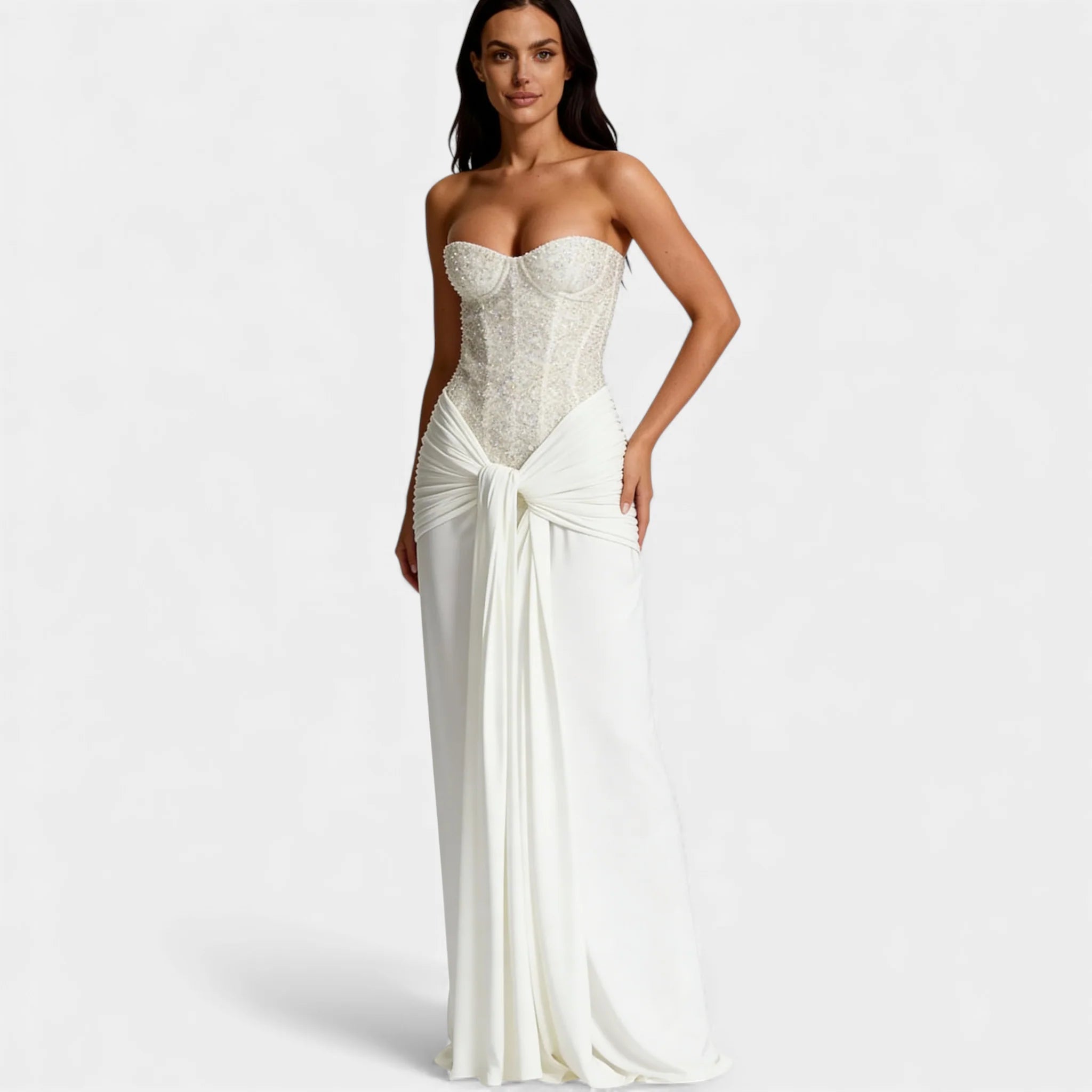 Robe maxi femme à épaules dénudées, pailletée – sans bretelles et dos nu