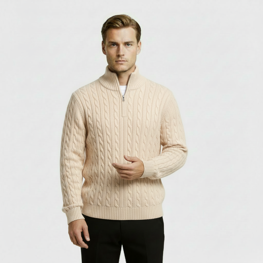 Pull pour homme en maille torsadée à zip demi-longueur