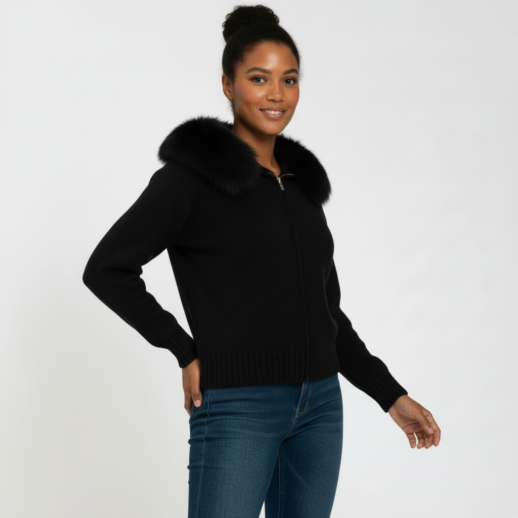 Cardigan zippé à capuche en fausse fourrure pour femmes – veste en maille douce