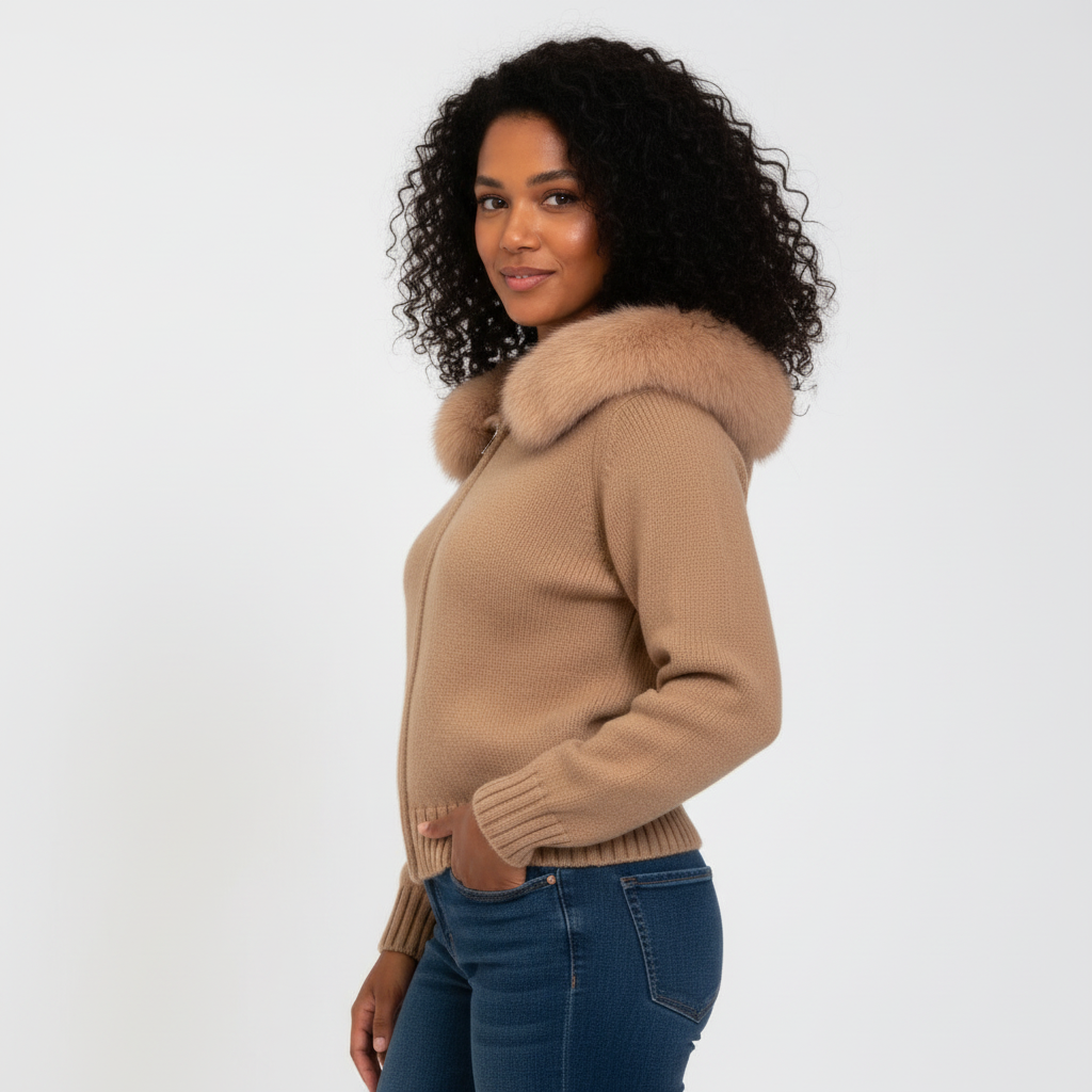 Cardigan zippé à capuche en fausse fourrure pour femmes – veste en maille douce