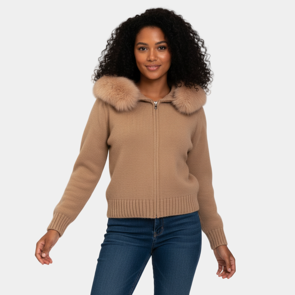 Cardigan zippé à capuche en fausse fourrure pour femmes – veste en maille douce