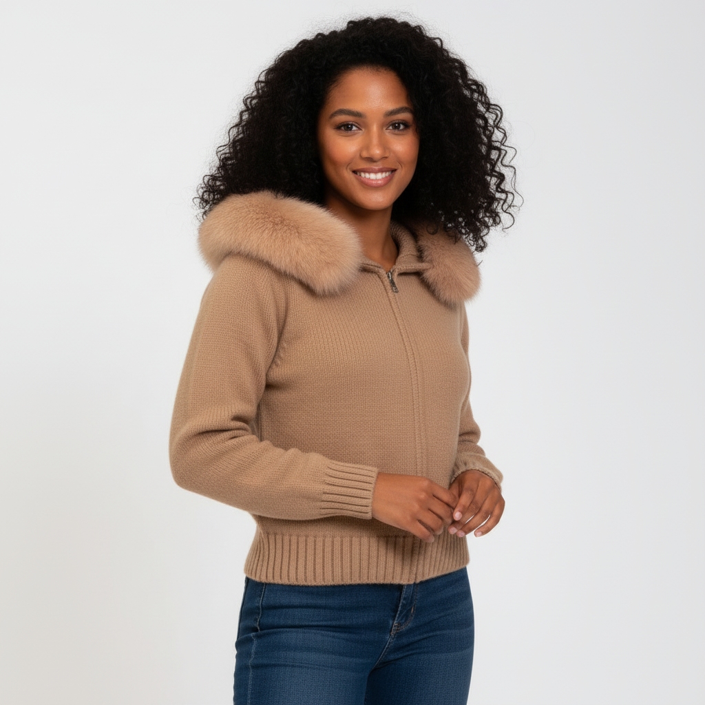 Cardigan zippé à capuche en fausse fourrure pour femmes – veste en maille douce