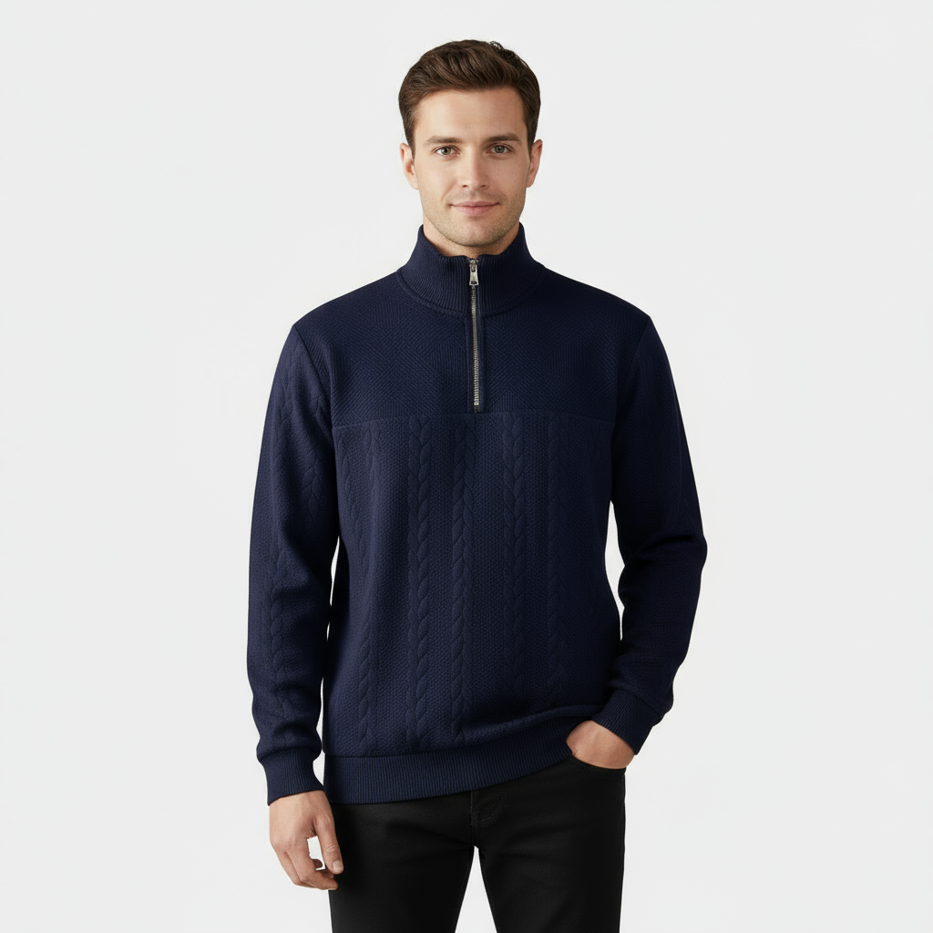 Pull homme en laine mérinos à maille torsadée et zip demi-longueur
