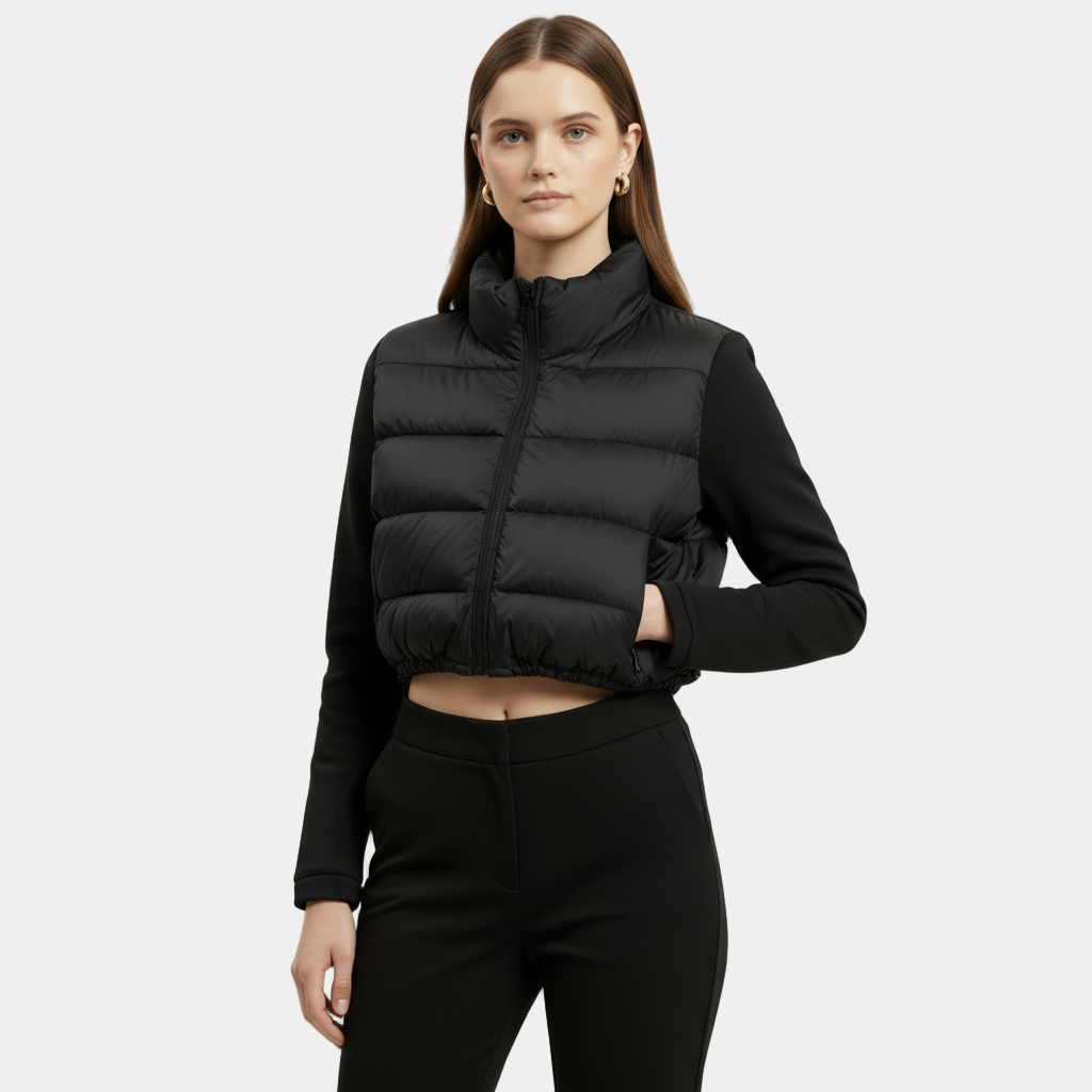 Veste courte matelassée pour femme avec col montant et cordon de serrage à l’ourlet réglable