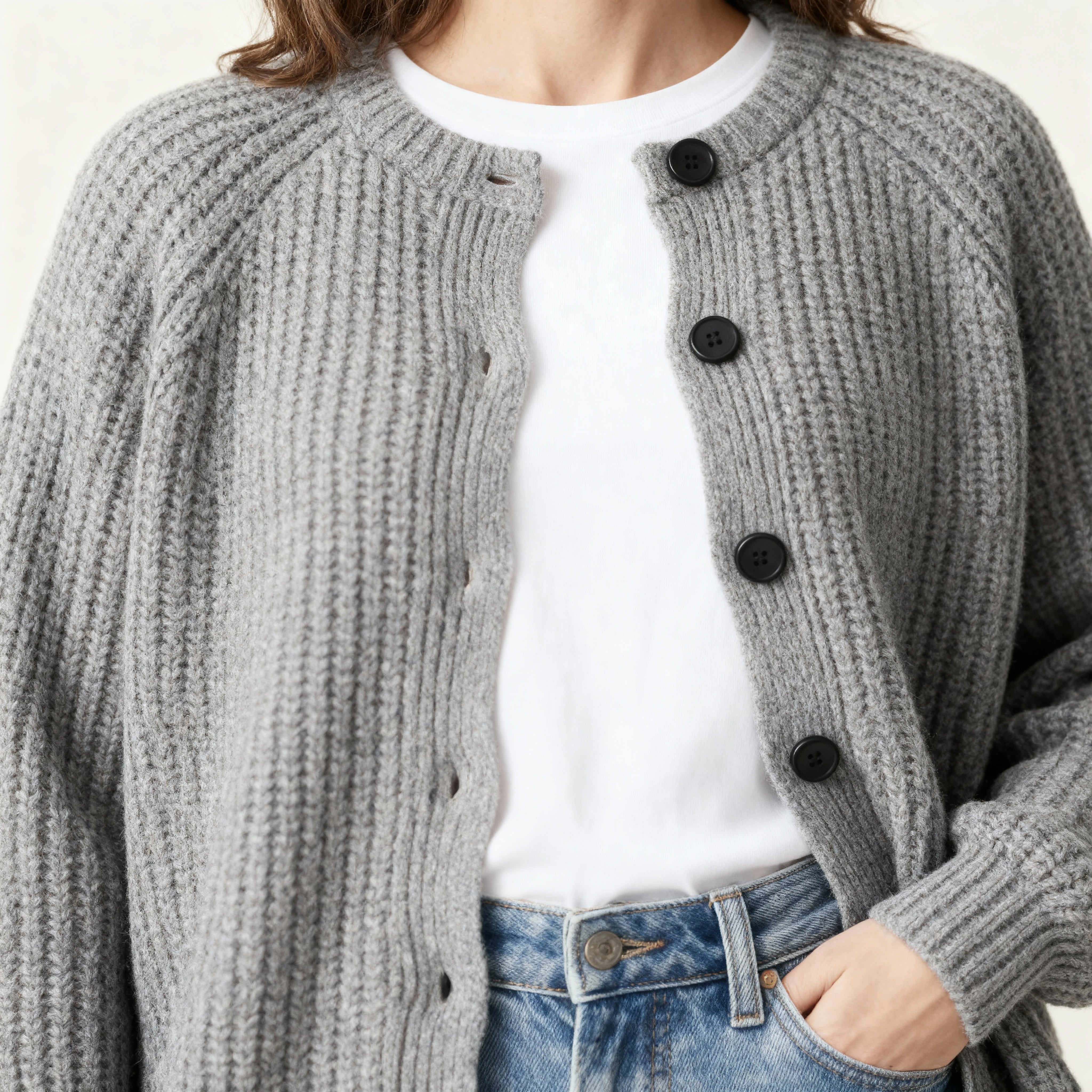 Cardigan pour femme en maille épaisse à motif nid d'abeille – boutons sur le devant