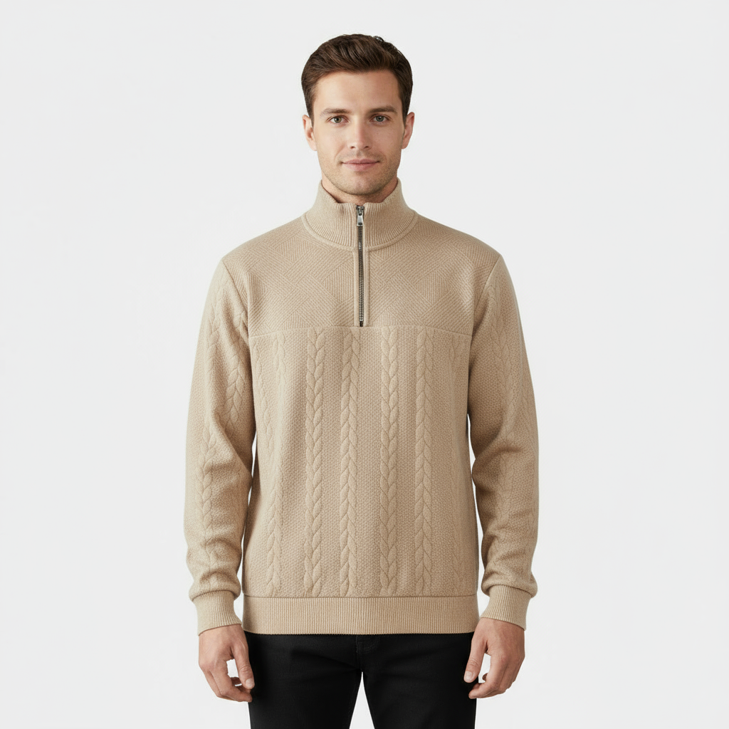 Pull homme en laine mérinos à maille torsadée et zip demi-longueur