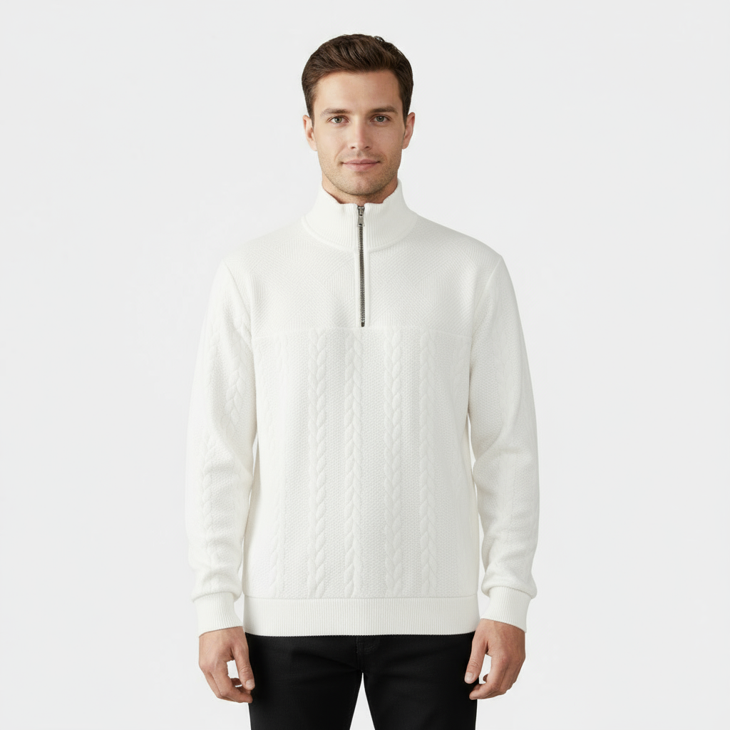 Pull homme en laine mérinos à maille torsadée et zip demi-longueur