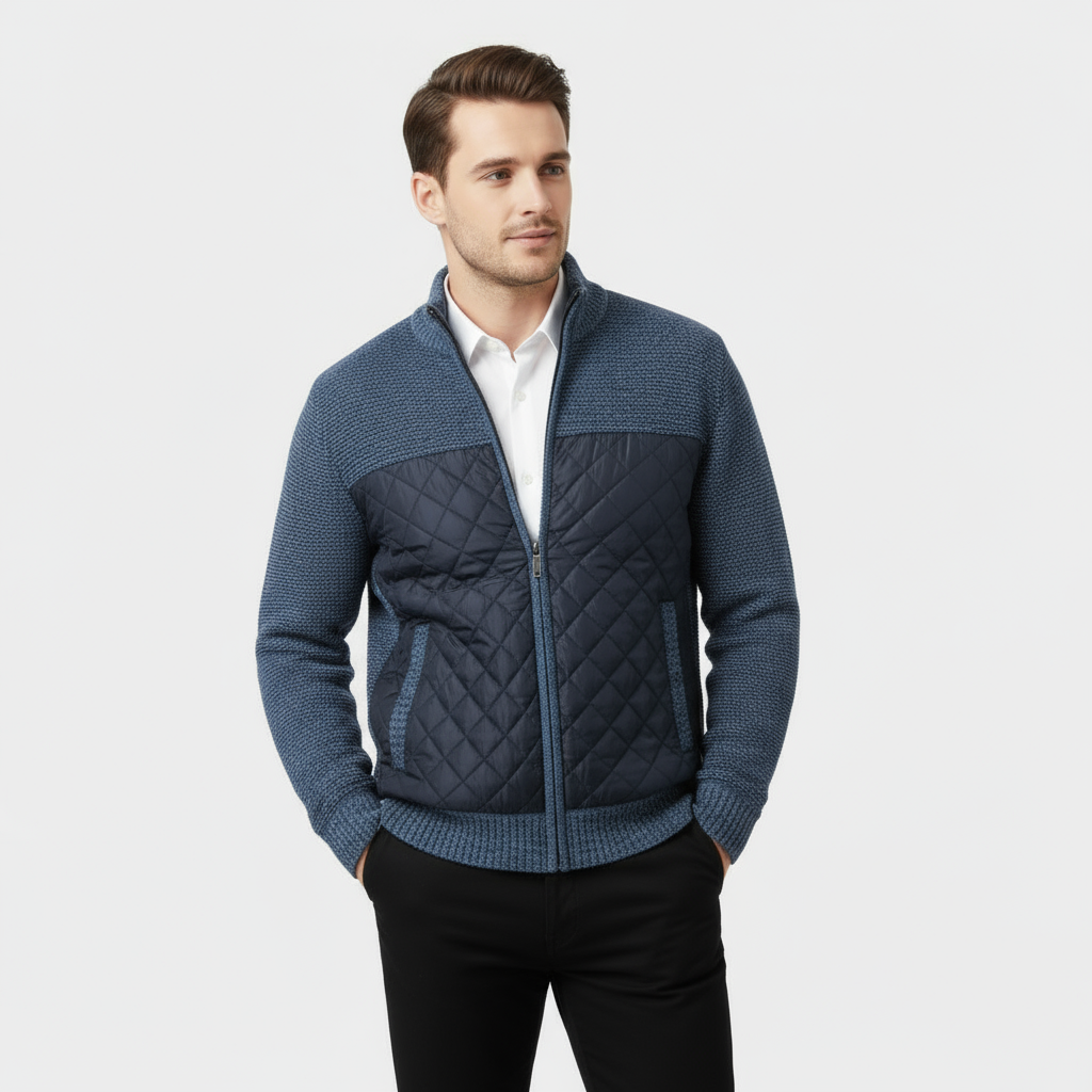 Veste hybride matelassée en tricot pour homme – veste zippée en nylon et tricot marbré