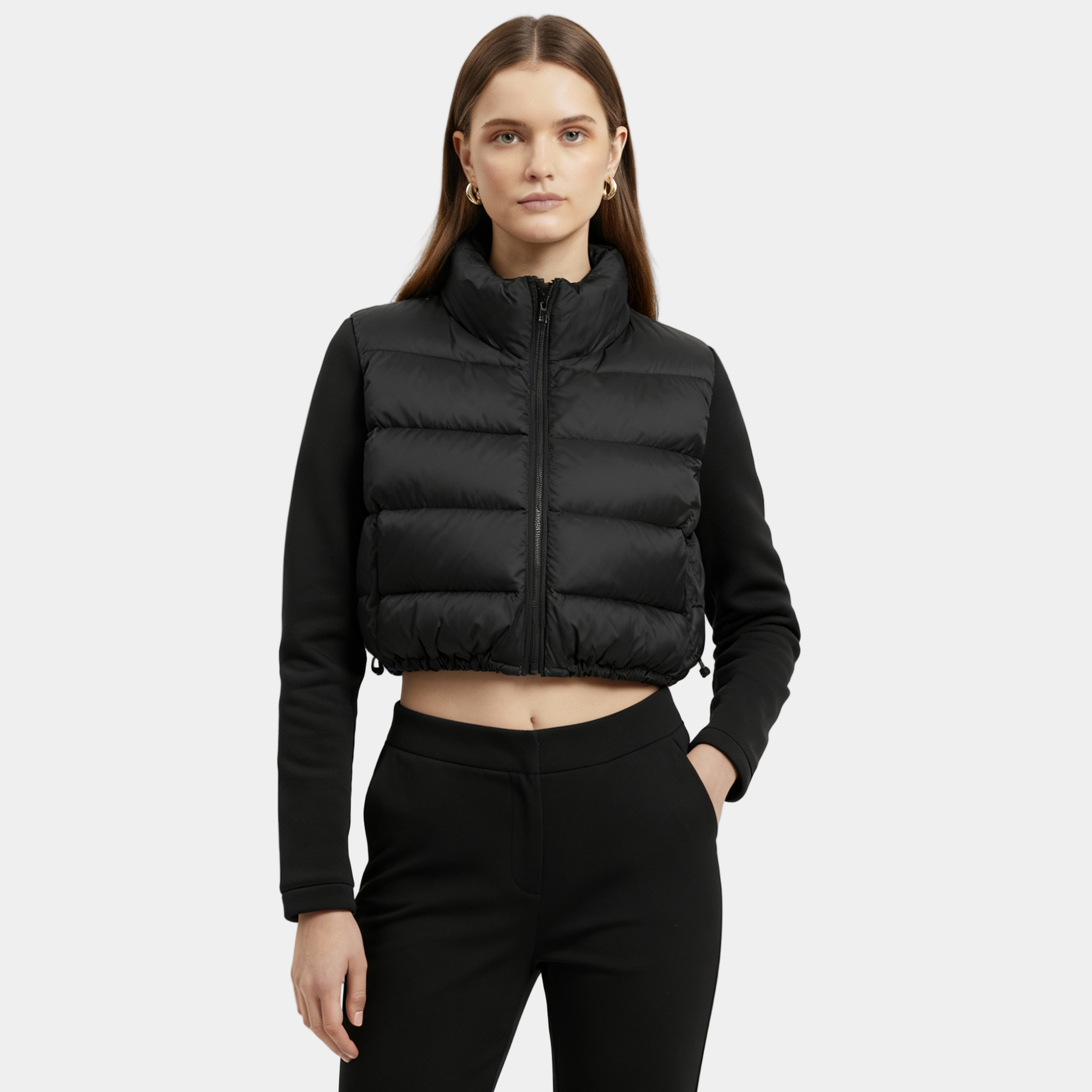 Veste courte matelassée pour femme avec col montant et cordon de serrage à l’ourlet réglable