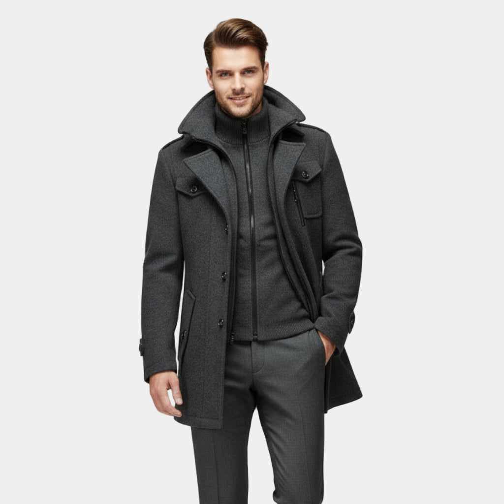 Manteau d'hiver en laine mélangée pour homme – pardessus boutonné à coupe ajustée