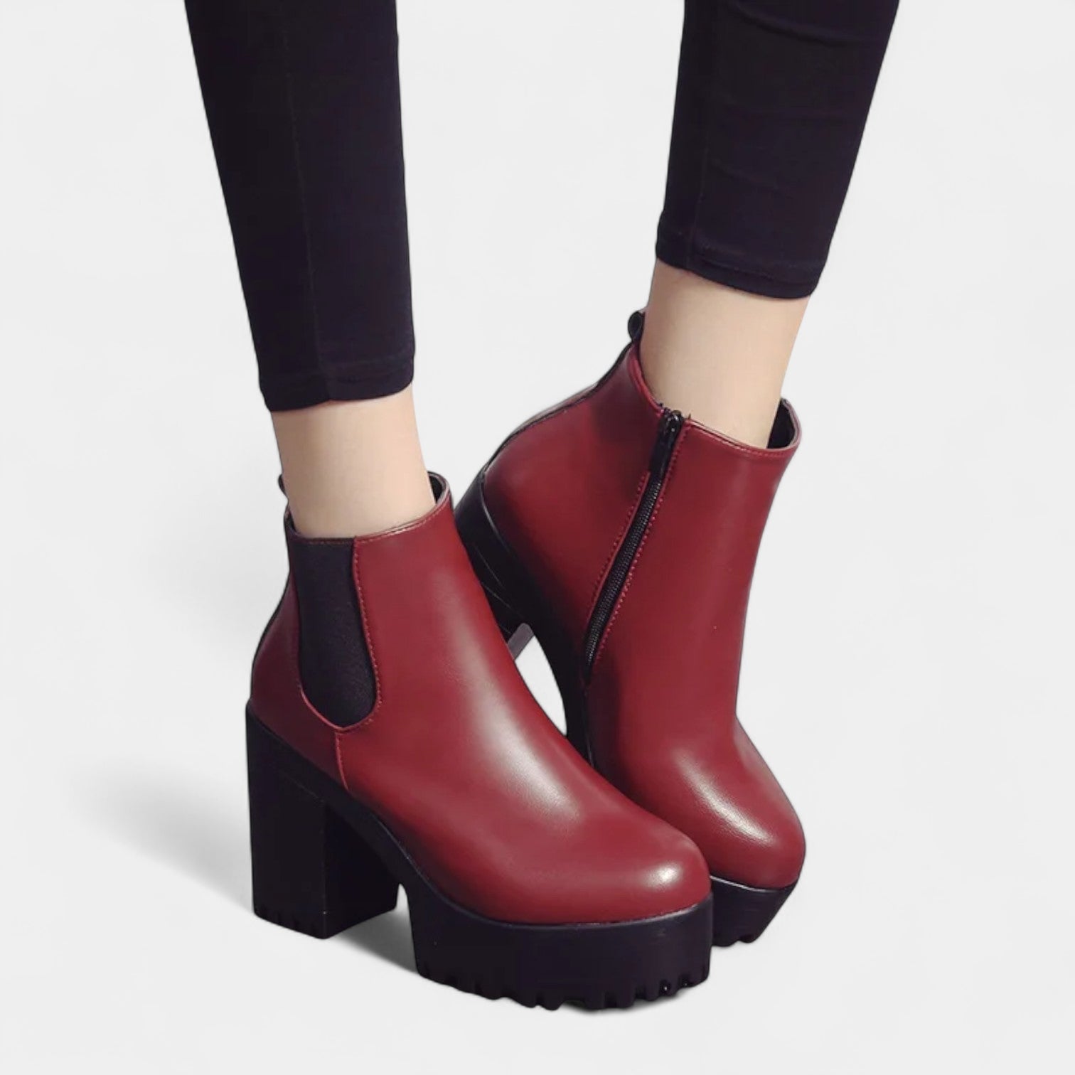 Bottines féminines à bout rond avec talon bloc et panneau élastique latéral
