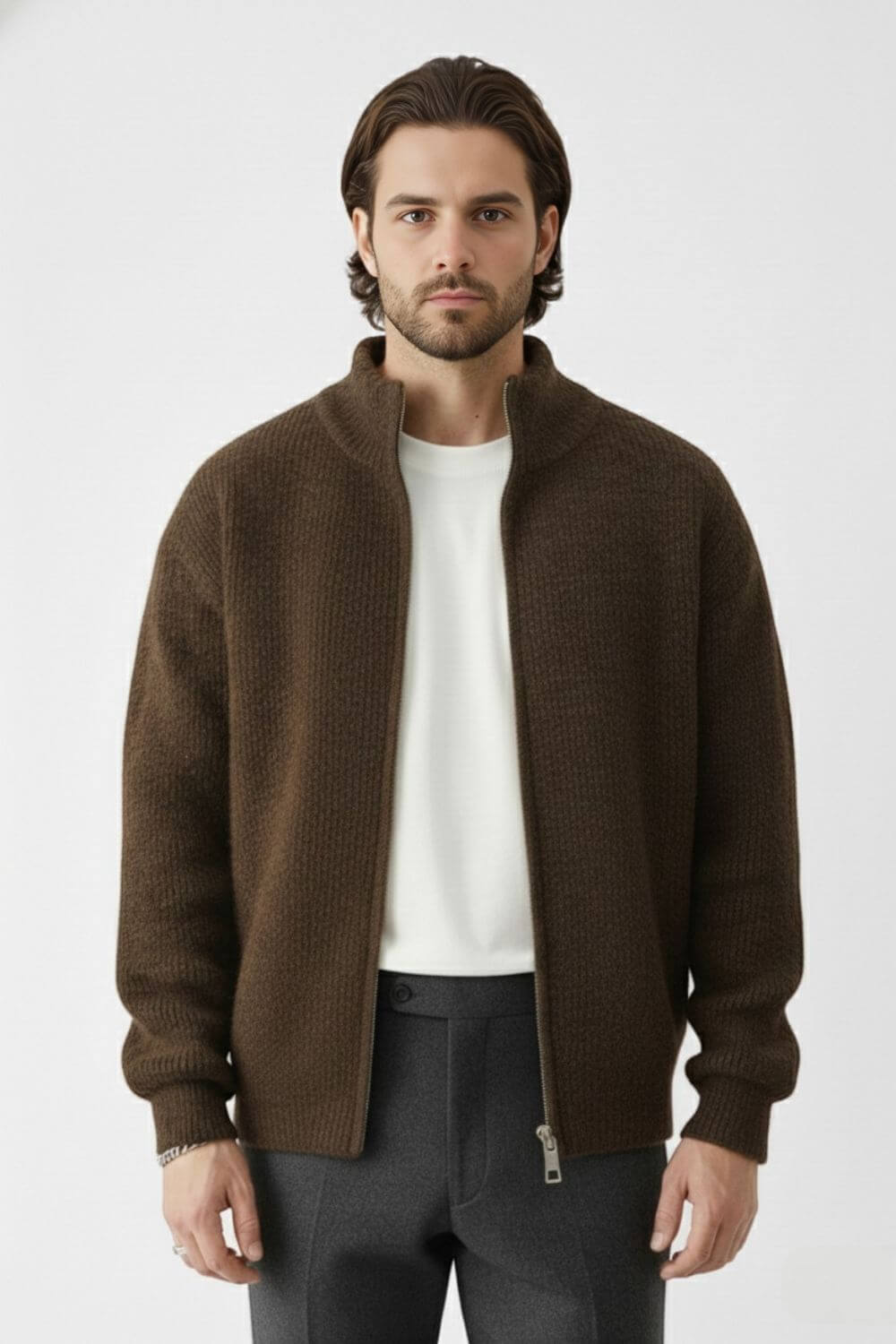Pull zippé en maille de laine mélangée pour homme