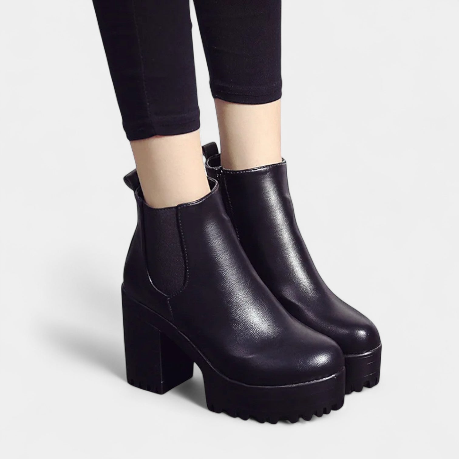 Bottines féminines à bout rond avec talon bloc et panneau élastique latéral