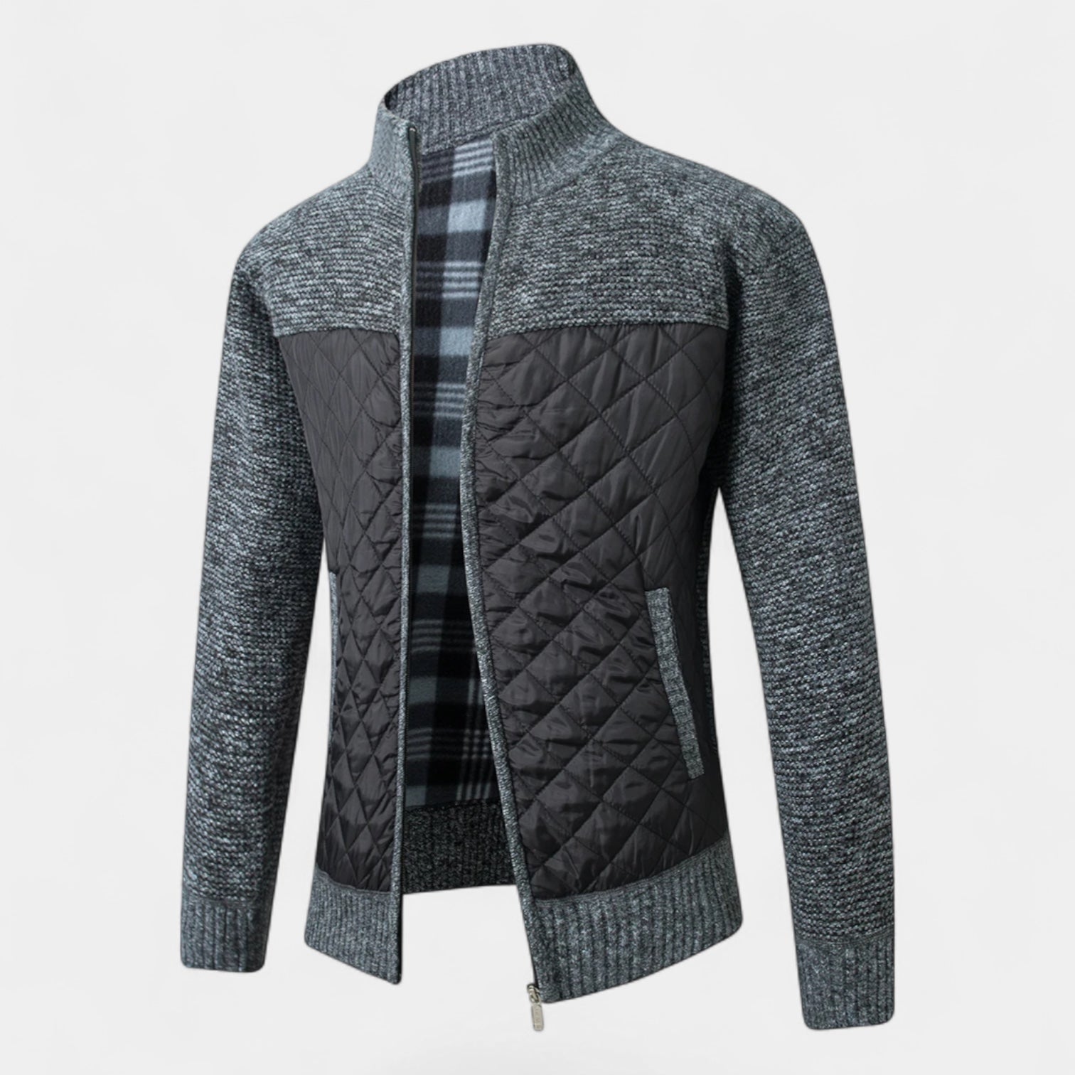 Veste hybride matelassée en tricot pour homme – veste zippée en nylon et tricot marbré