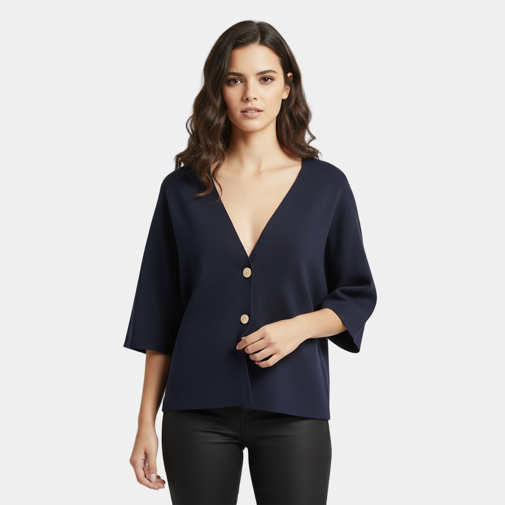 Cardigan en maille à col en V pour femme, manches demi-longues