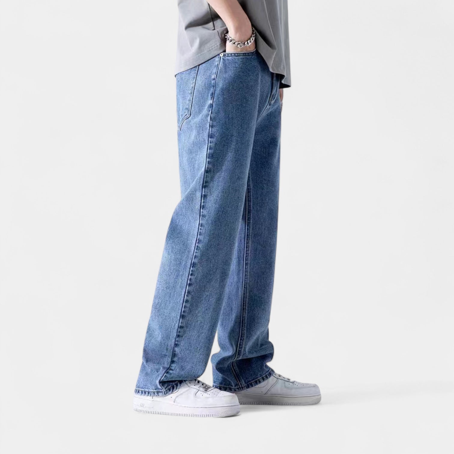 Jean droit pour homme en denim à taille élastiquée