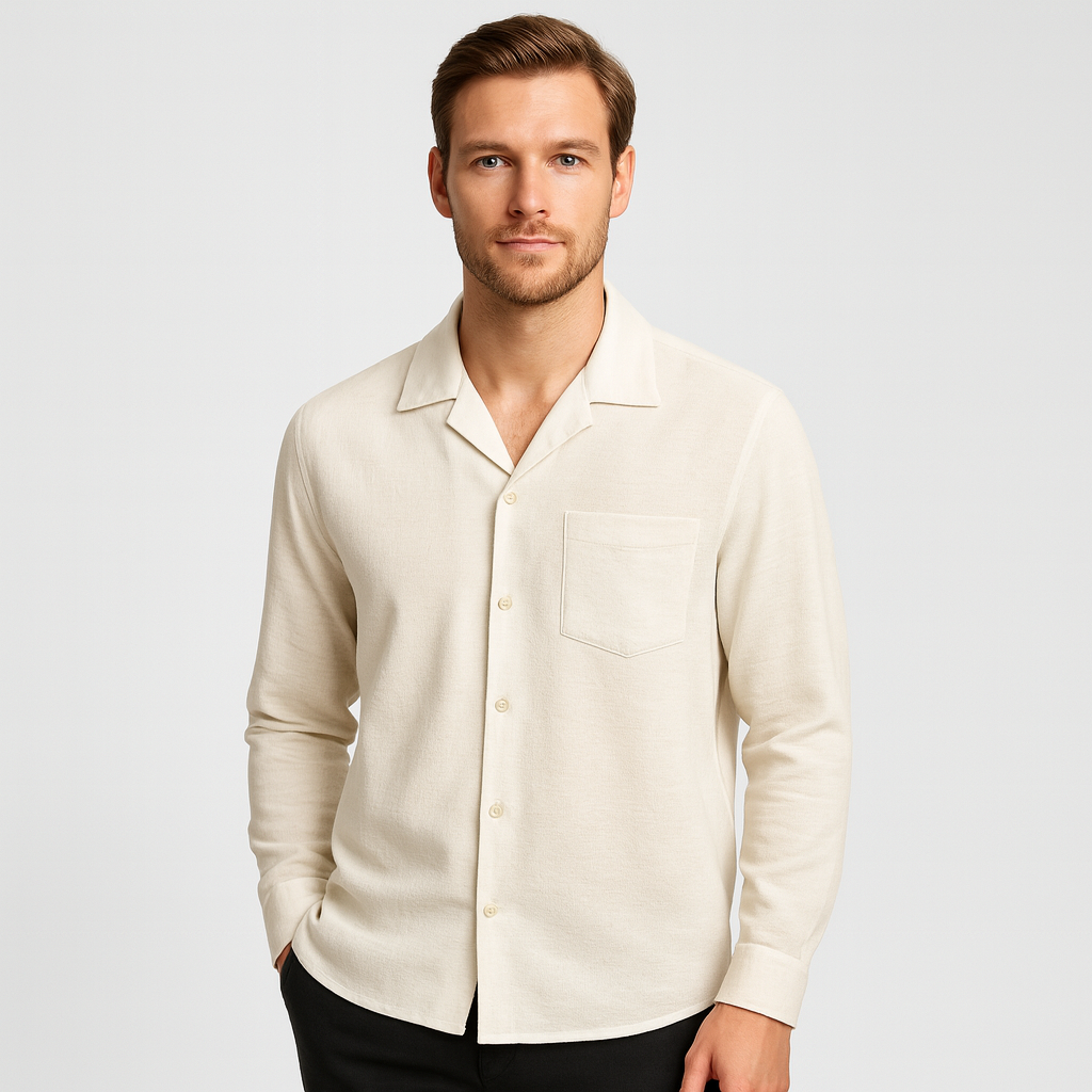 Chemise à col Revere pour homme à manches longues avec poche poitrine
