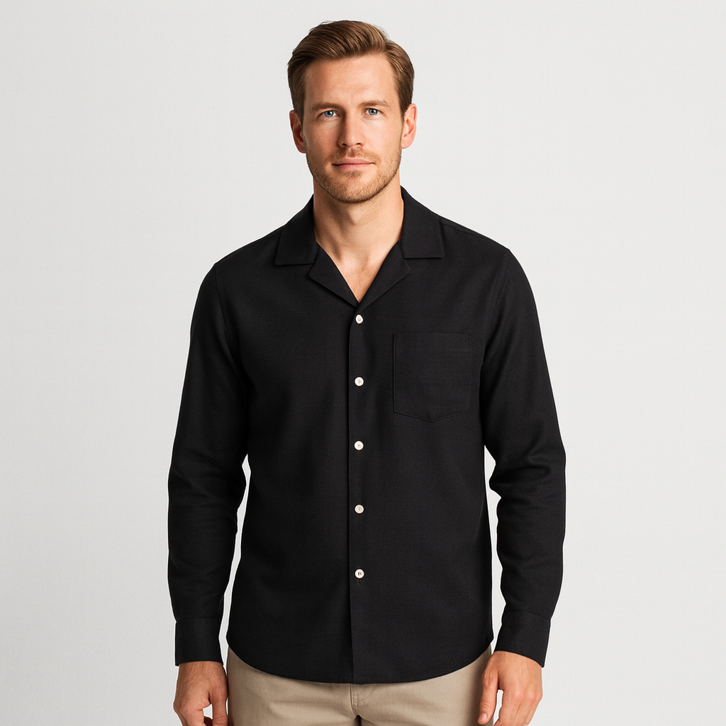 Chemise à col Revere pour homme à manches longues avec poche poitrine
