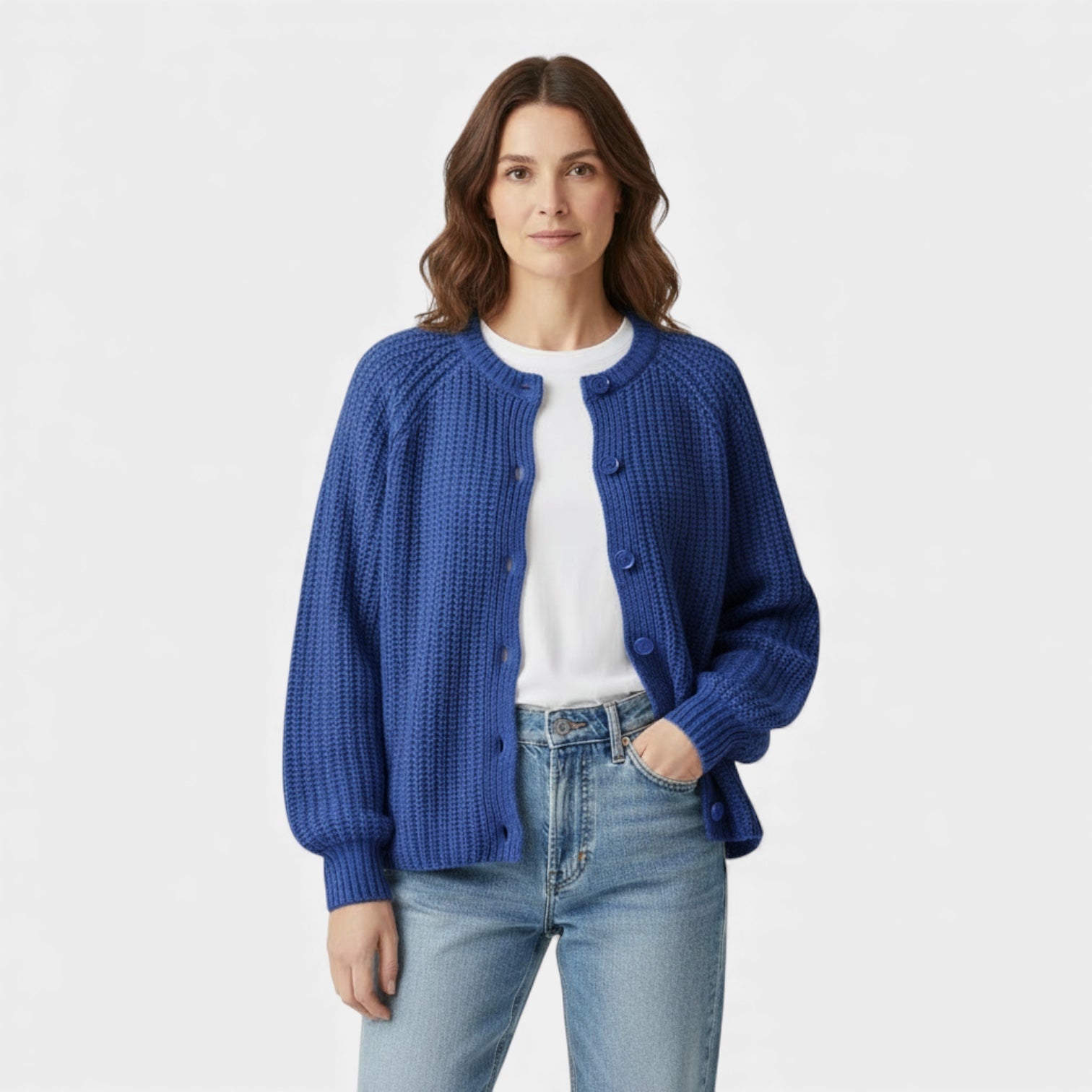 Cardigan pour femme en maille épaisse à motif nid d'abeille – boutons sur le devant