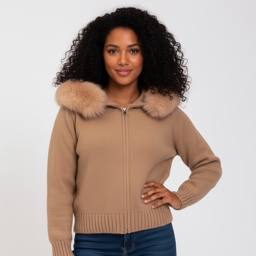 Cardigan zippé à capuche en fausse fourrure pour femmes – veste en maille douce