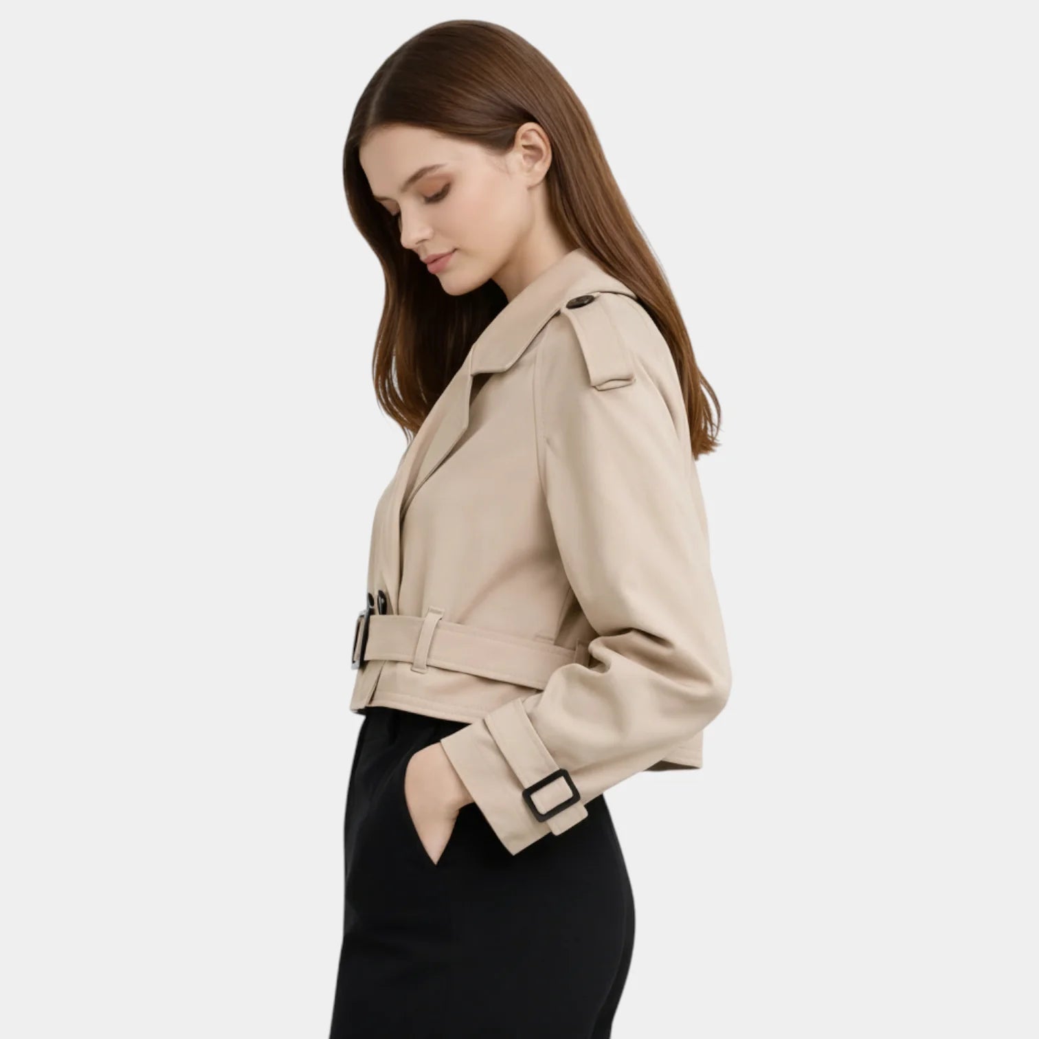 Veste trench courte pour femmes – structurée et ceinturée