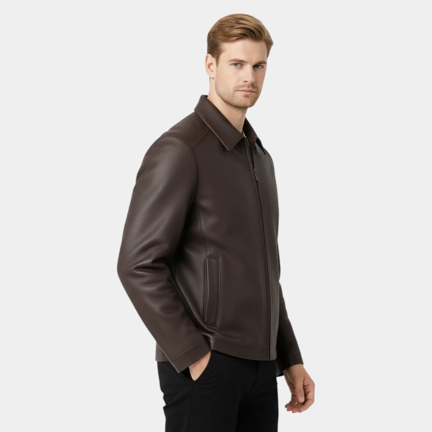 Veste zippée en simili cuir pour homme à col polo