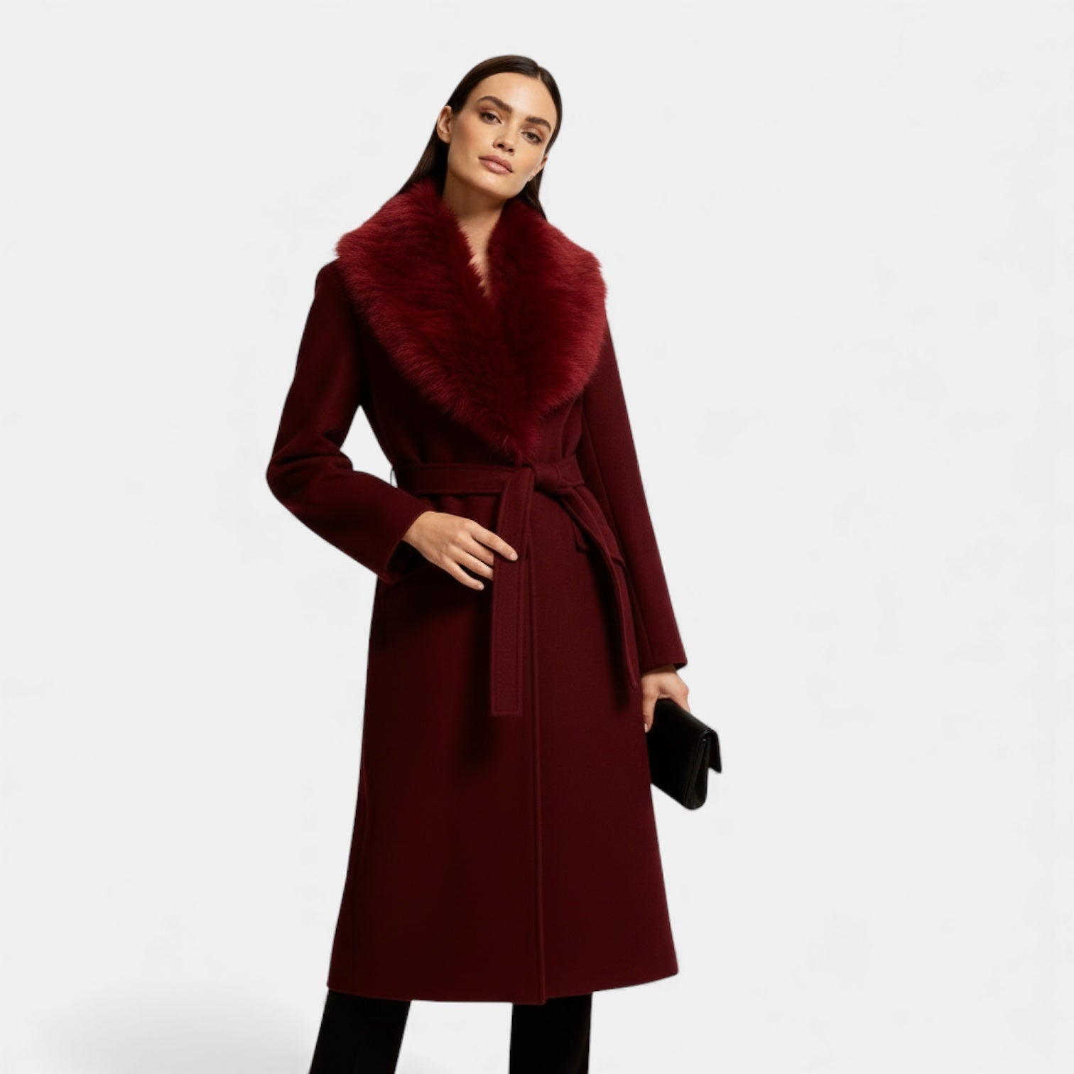 Manteau long pour femmes à col en fausse fourrure – ceinturé, manteau d’hiver