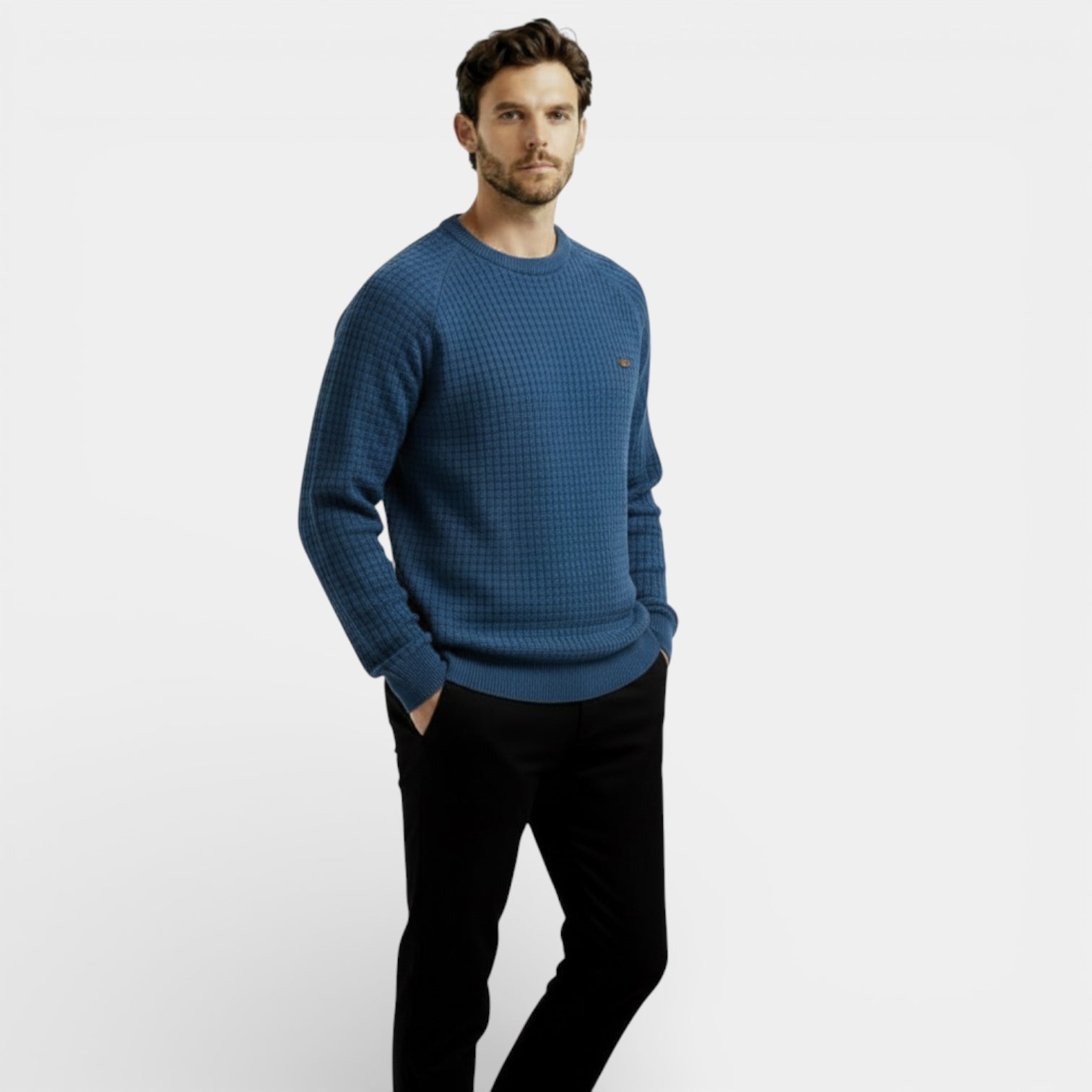 Pull en maille gaufrée à manches longues pour homme – coupe classique, décontracté