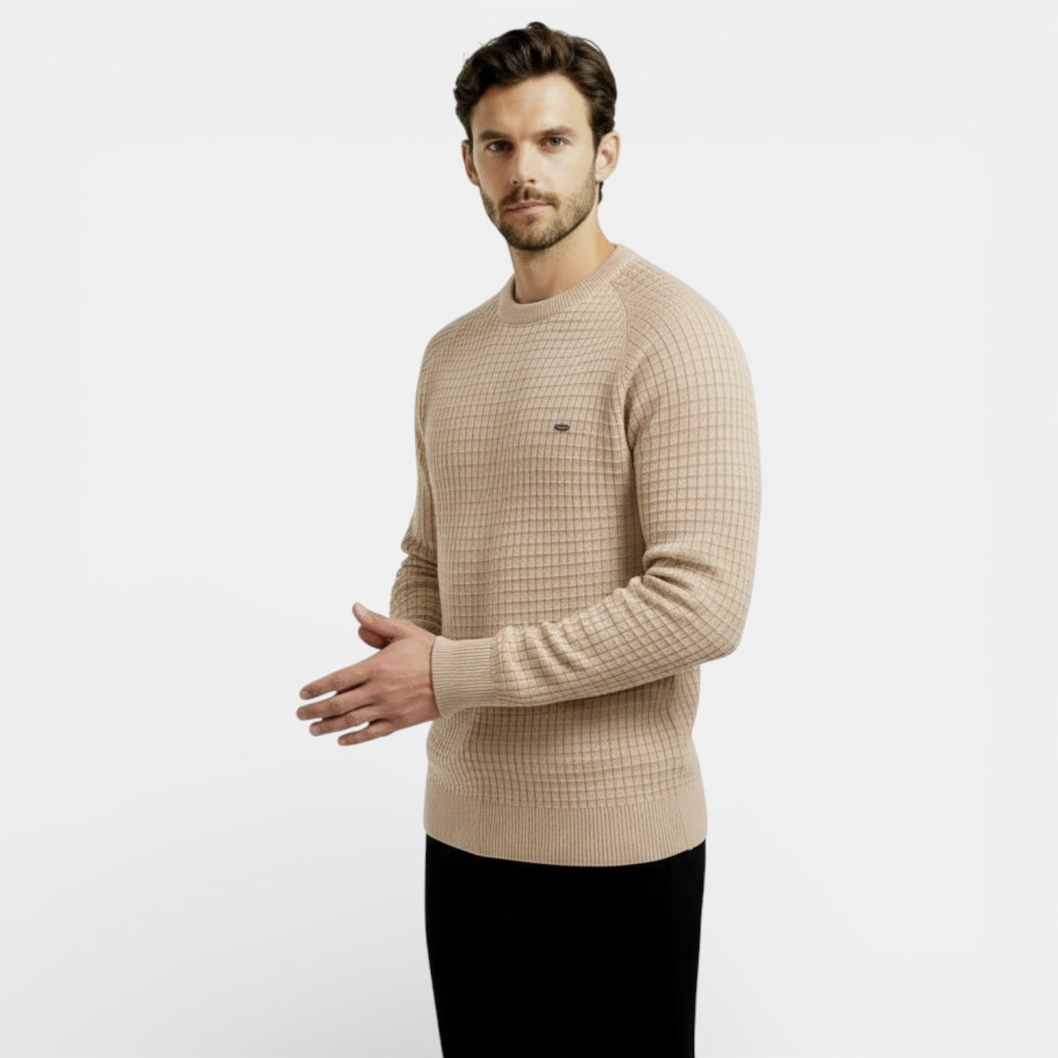 Pull en maille gaufrée à manches longues pour homme – coupe classique, décontracté
