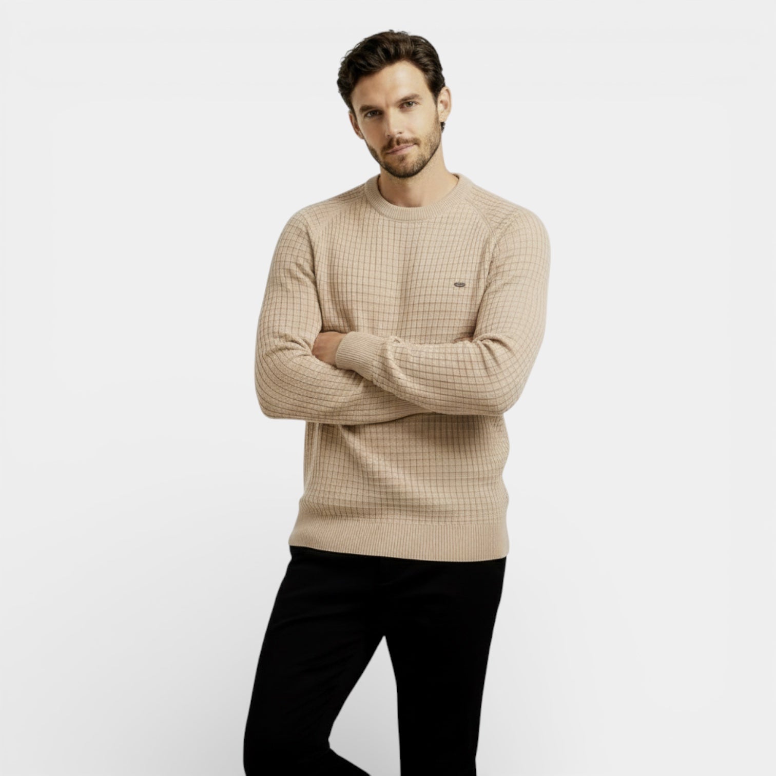 Pull en maille gaufrée à manches longues pour homme – coupe classique, décontracté