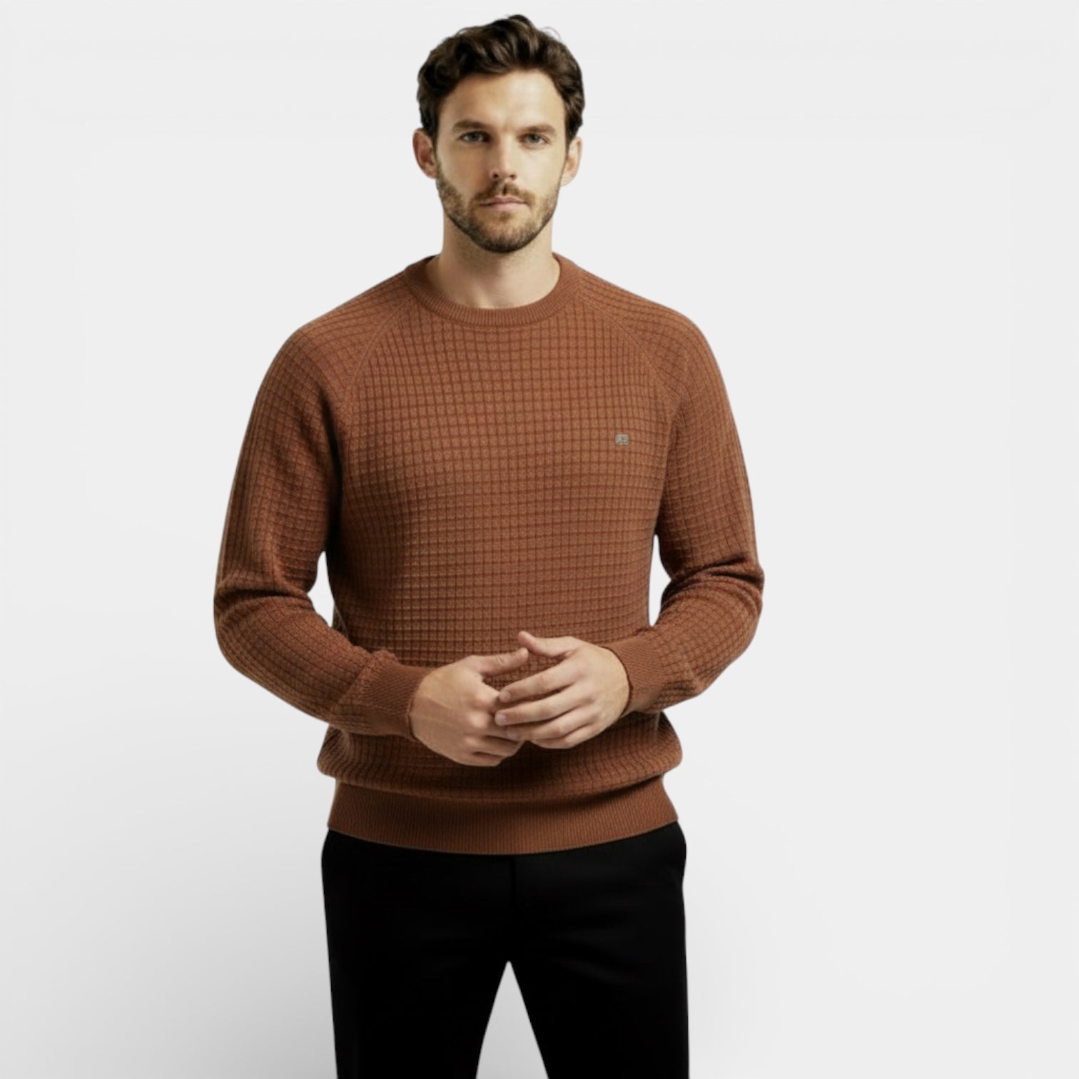 Pull en maille gaufrée à manches longues pour homme – coupe classique, décontracté