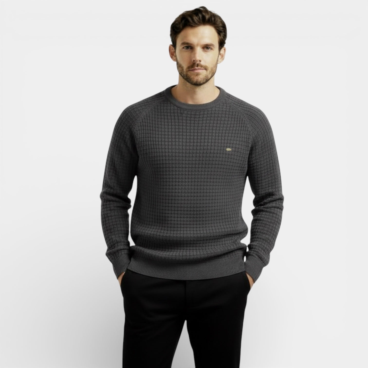 Pull en maille gaufrée à manches longues pour homme – coupe classique, décontracté