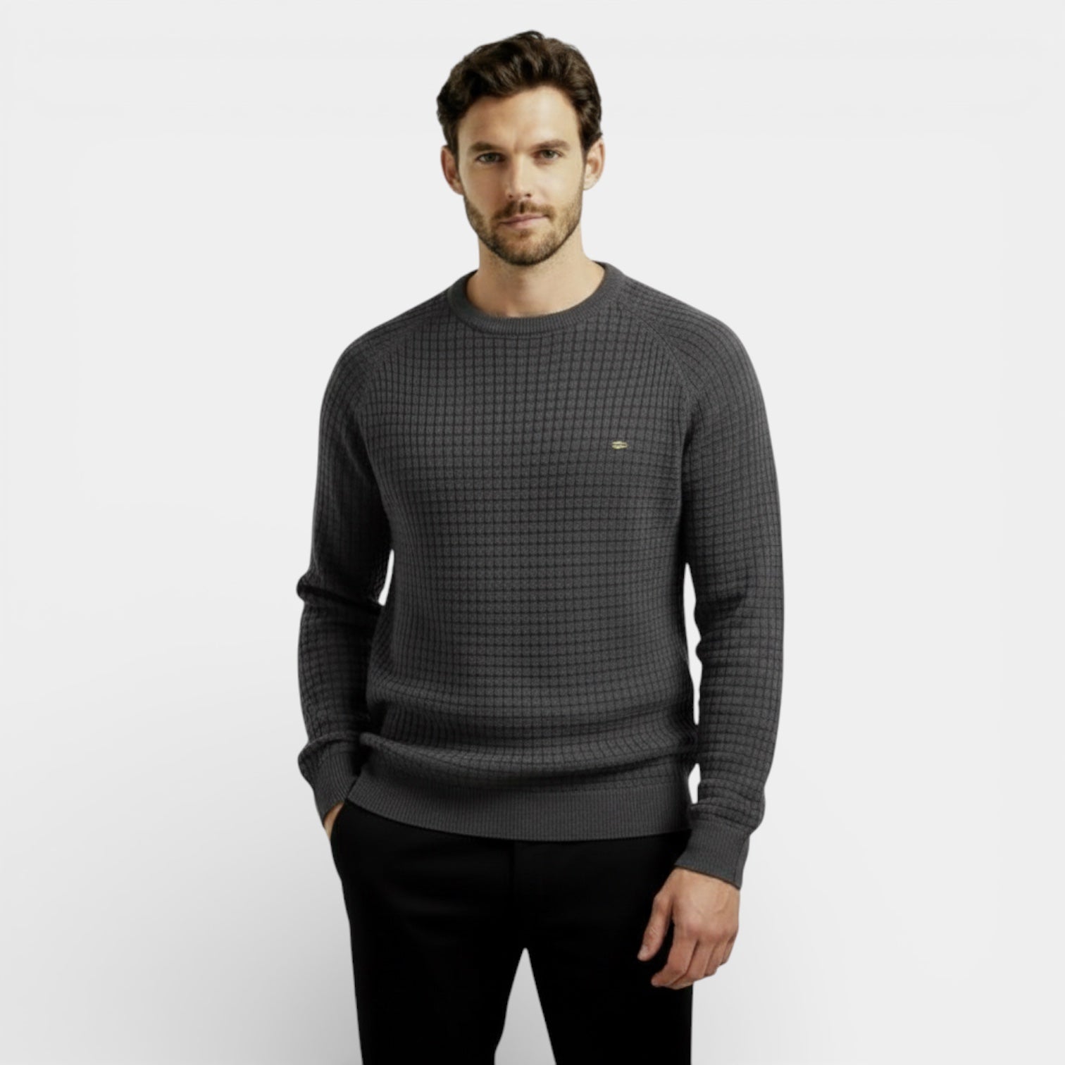 Pull en maille gaufrée à manches longues pour homme – coupe classique, décontracté