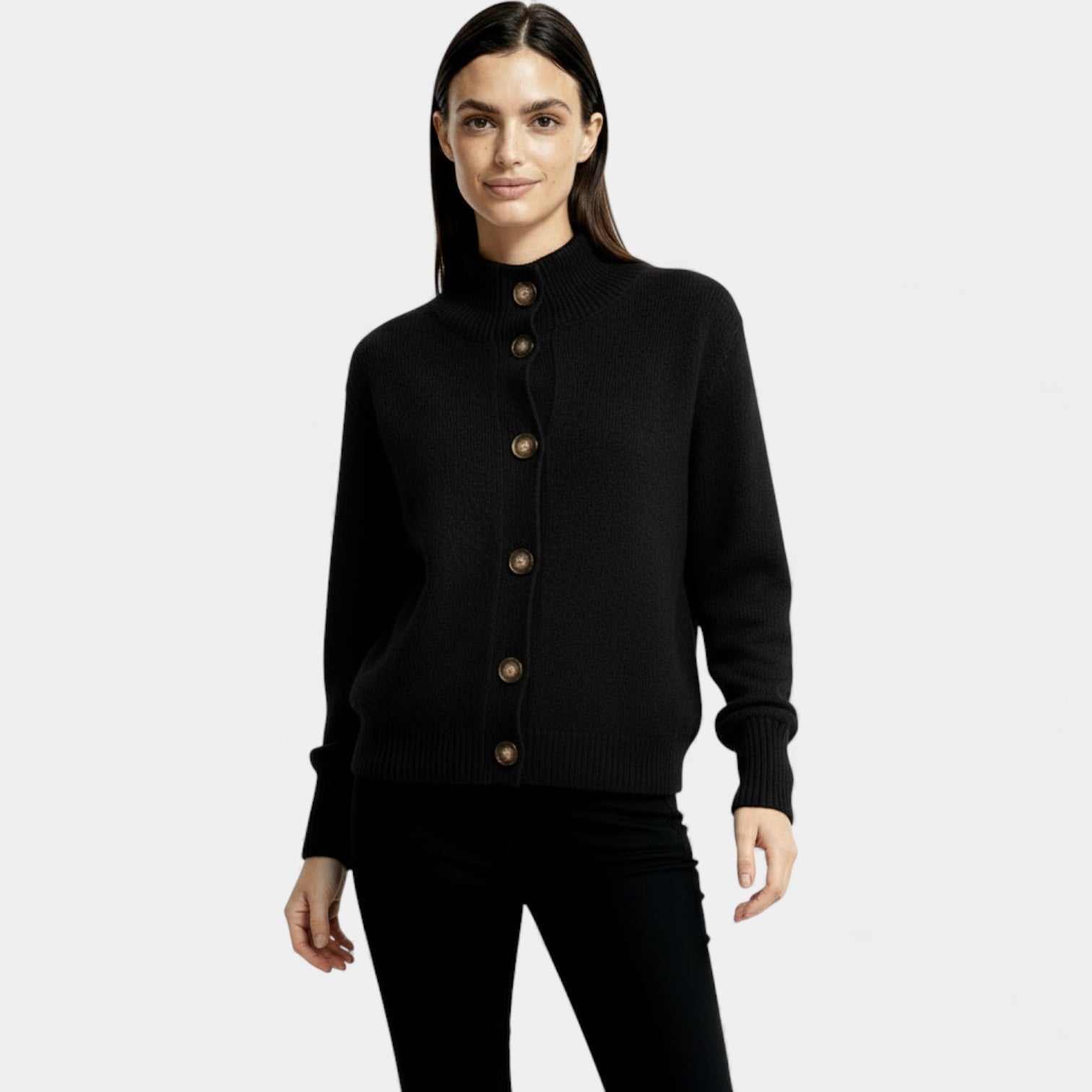 Cardigan en maille côtelée pour femmes – col montant et boutons sur le devant