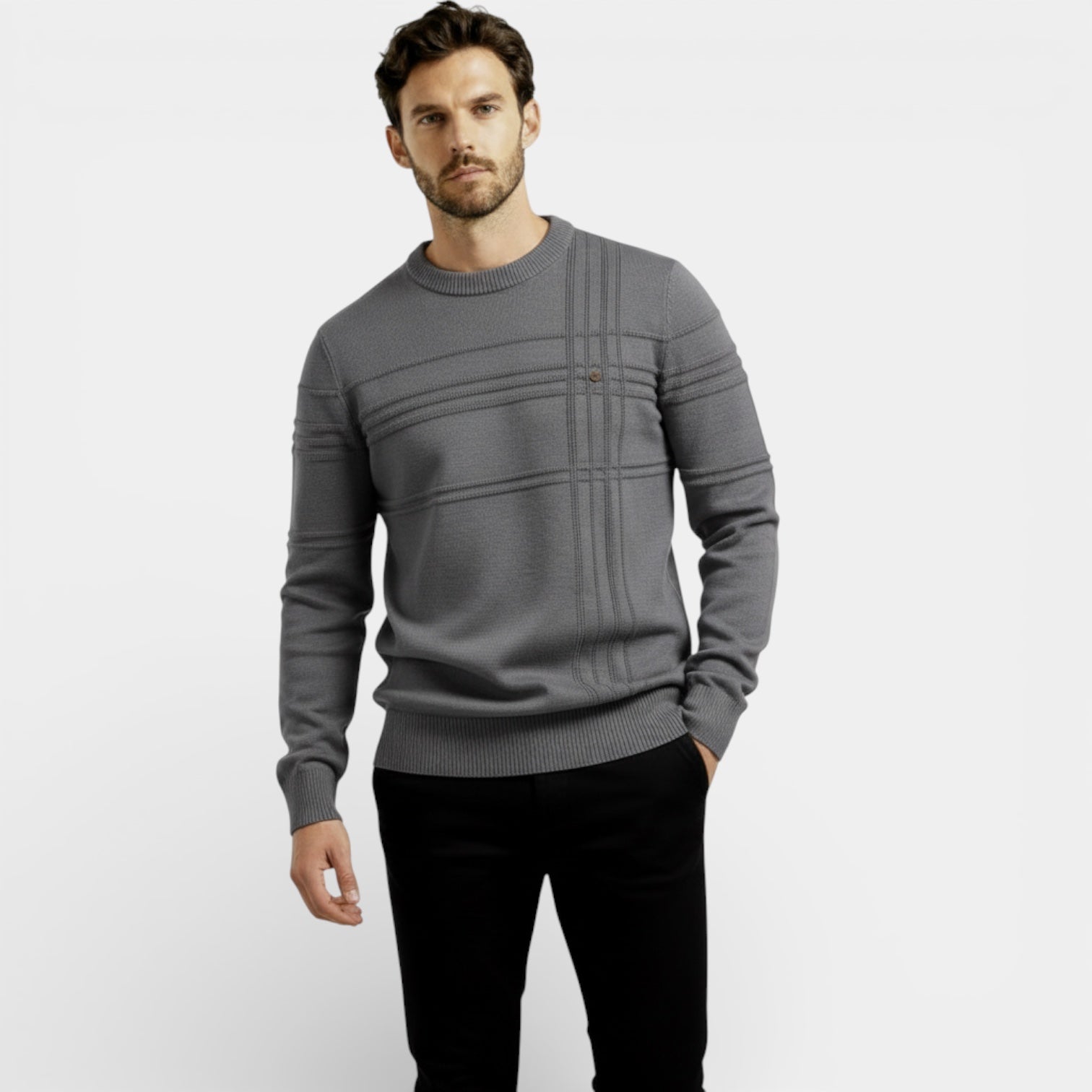 Pull en tricot à rayures texturées pour homme – Col rond essentiel