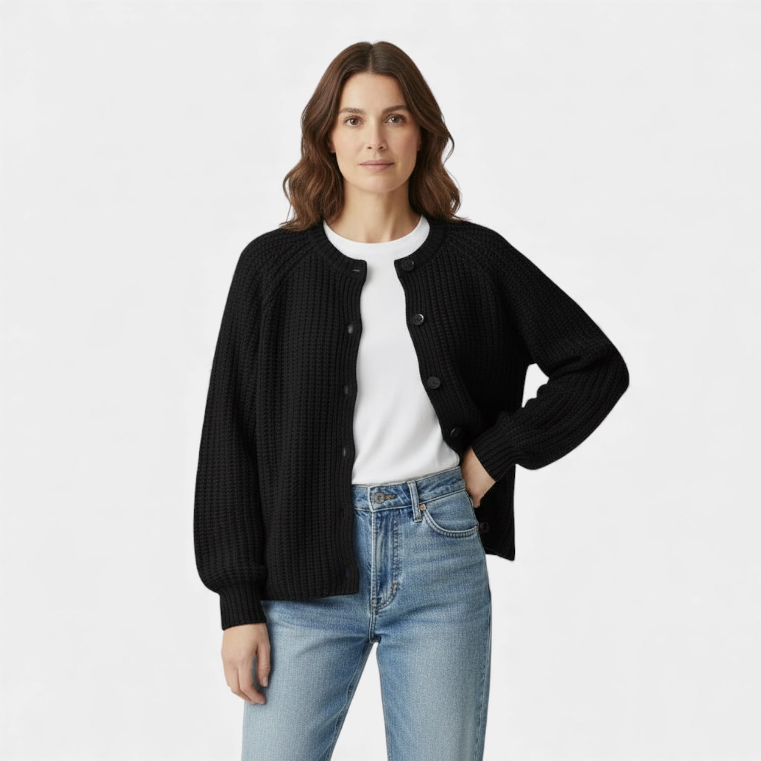 Cardigan pour femme en maille épaisse à motif nid d'abeille – boutons sur le devant