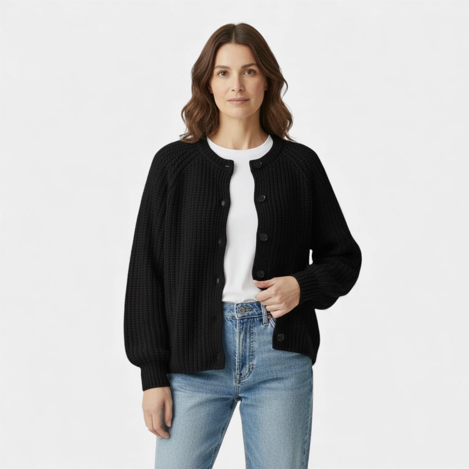 Cardigan pour femme en maille épaisse à motif nid d'abeille – boutons sur le devant