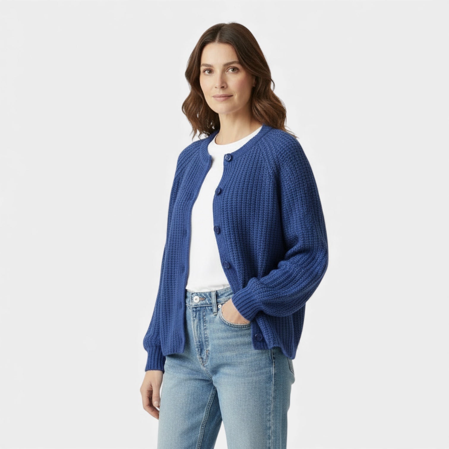 Cardigan pour femme en maille épaisse à motif nid d'abeille – boutons sur le devant