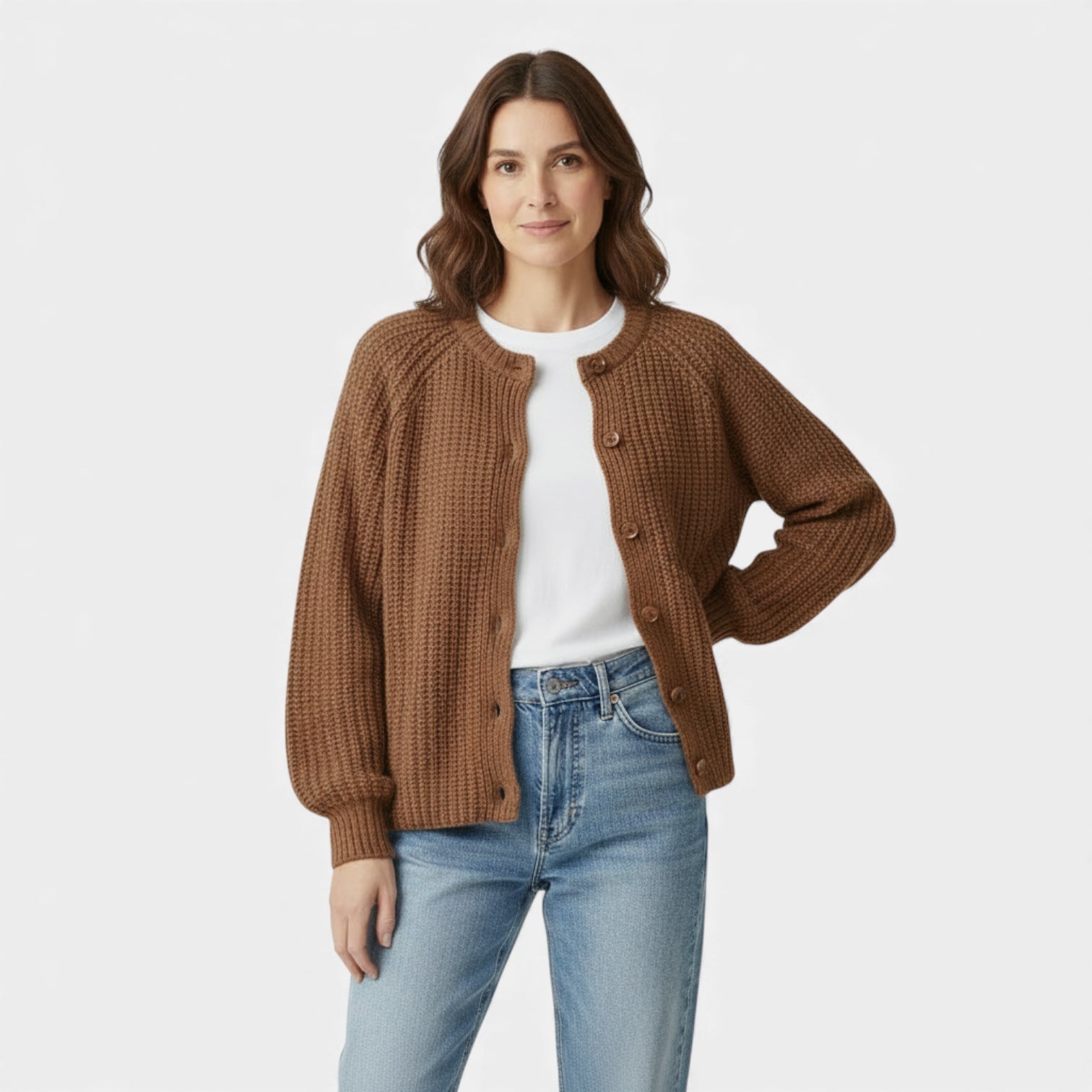 Cardigan pour femme en maille épaisse à motif nid d'abeille – boutons sur le devant