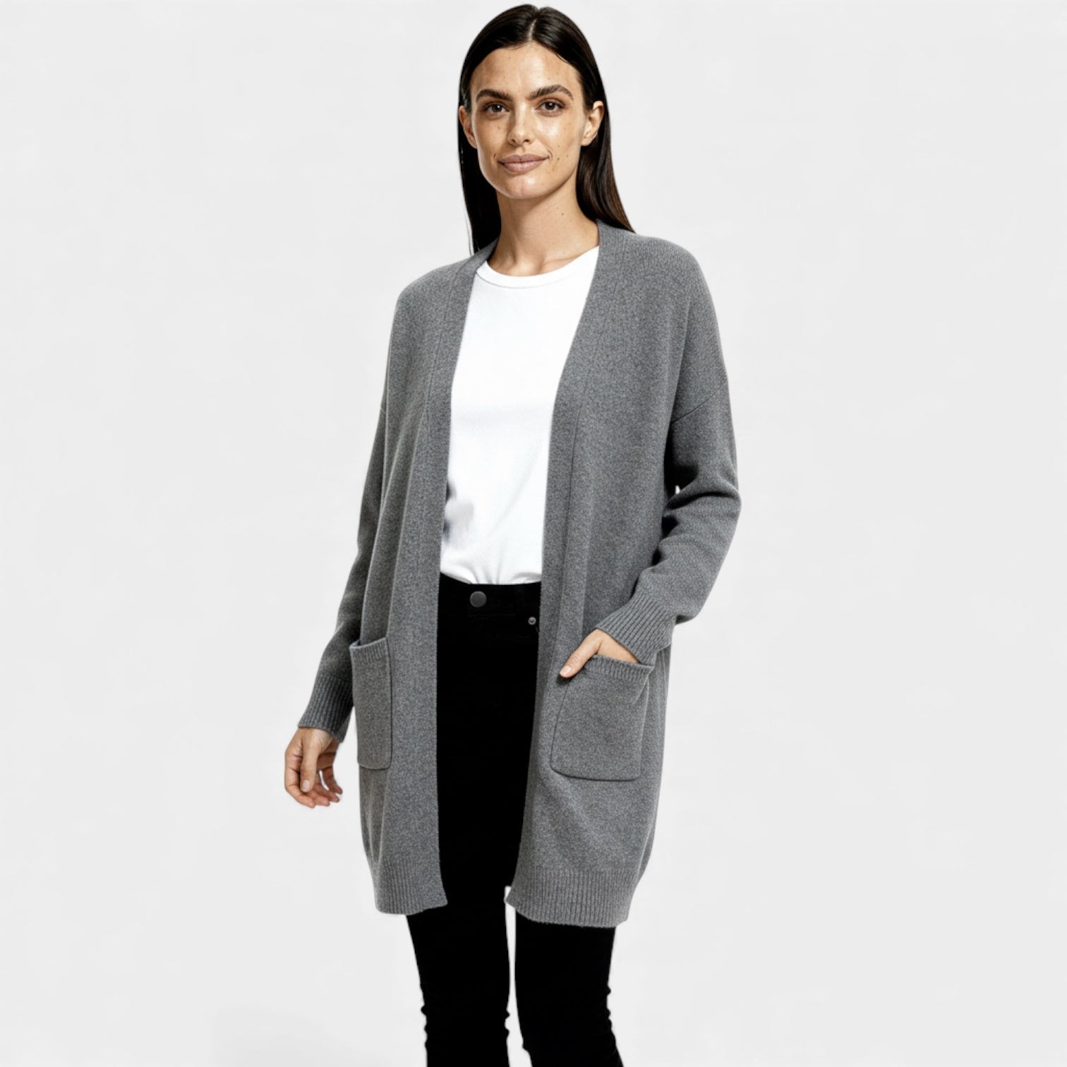Cardigan long en laine pour femmes – ouverture sur le devant