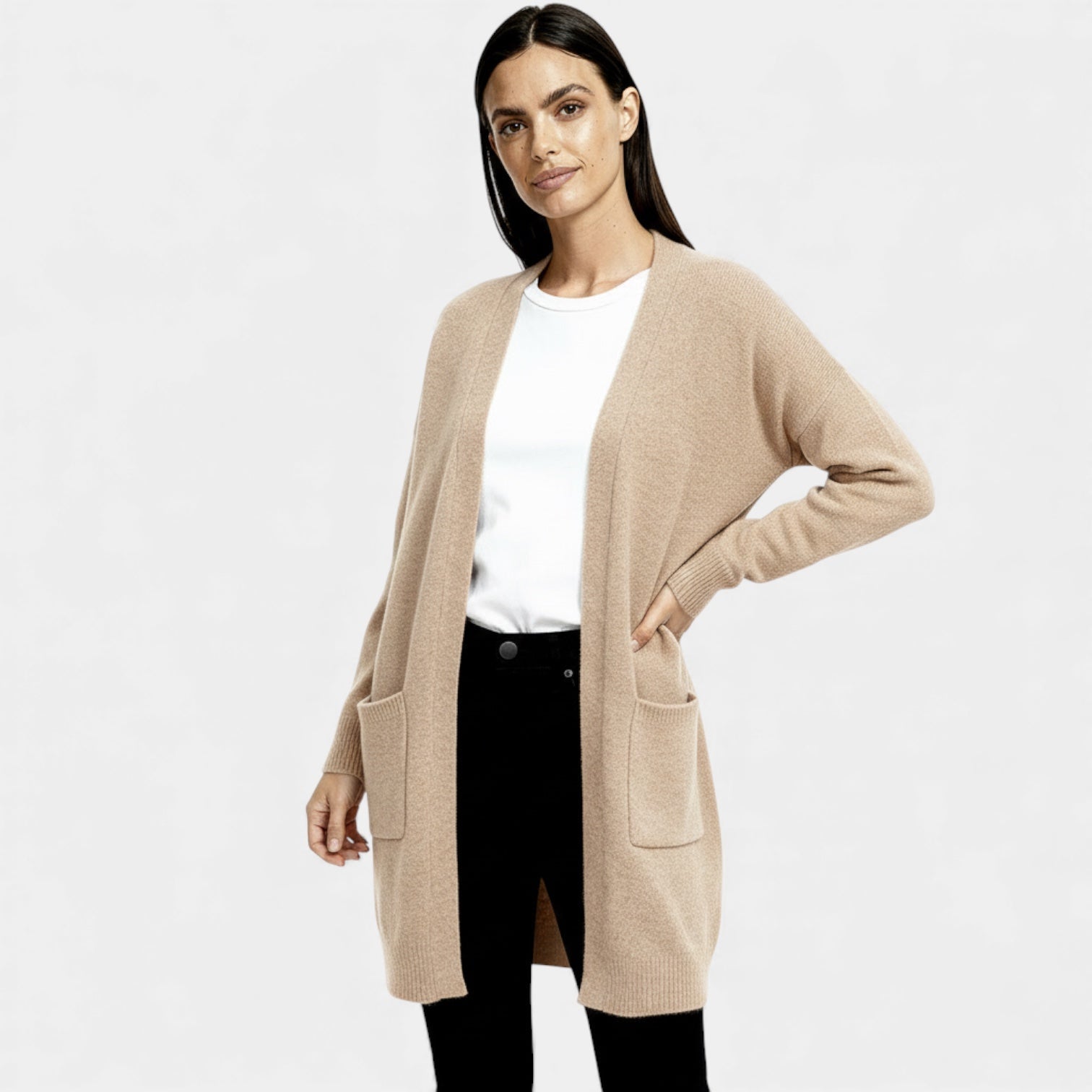 Cardigan long en laine pour femmes – ouverture sur le devant