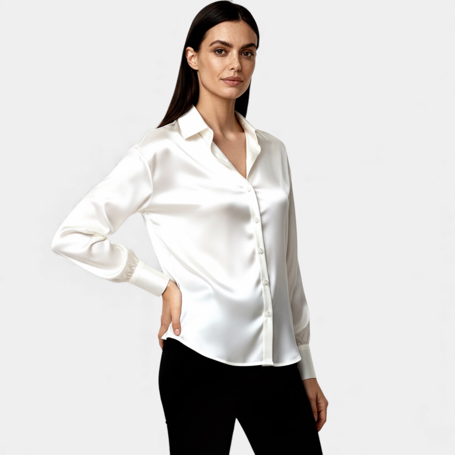 Blouse satinée à boutons pour femmes – chemise à manches longues au toucher soyeux