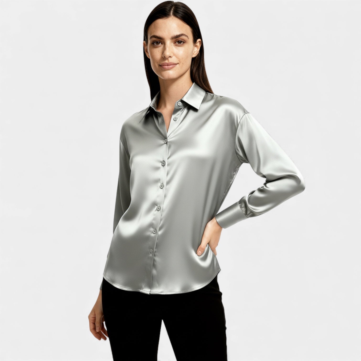 Blouse satinée à boutons pour femmes – chemise à manches longues au toucher soyeux